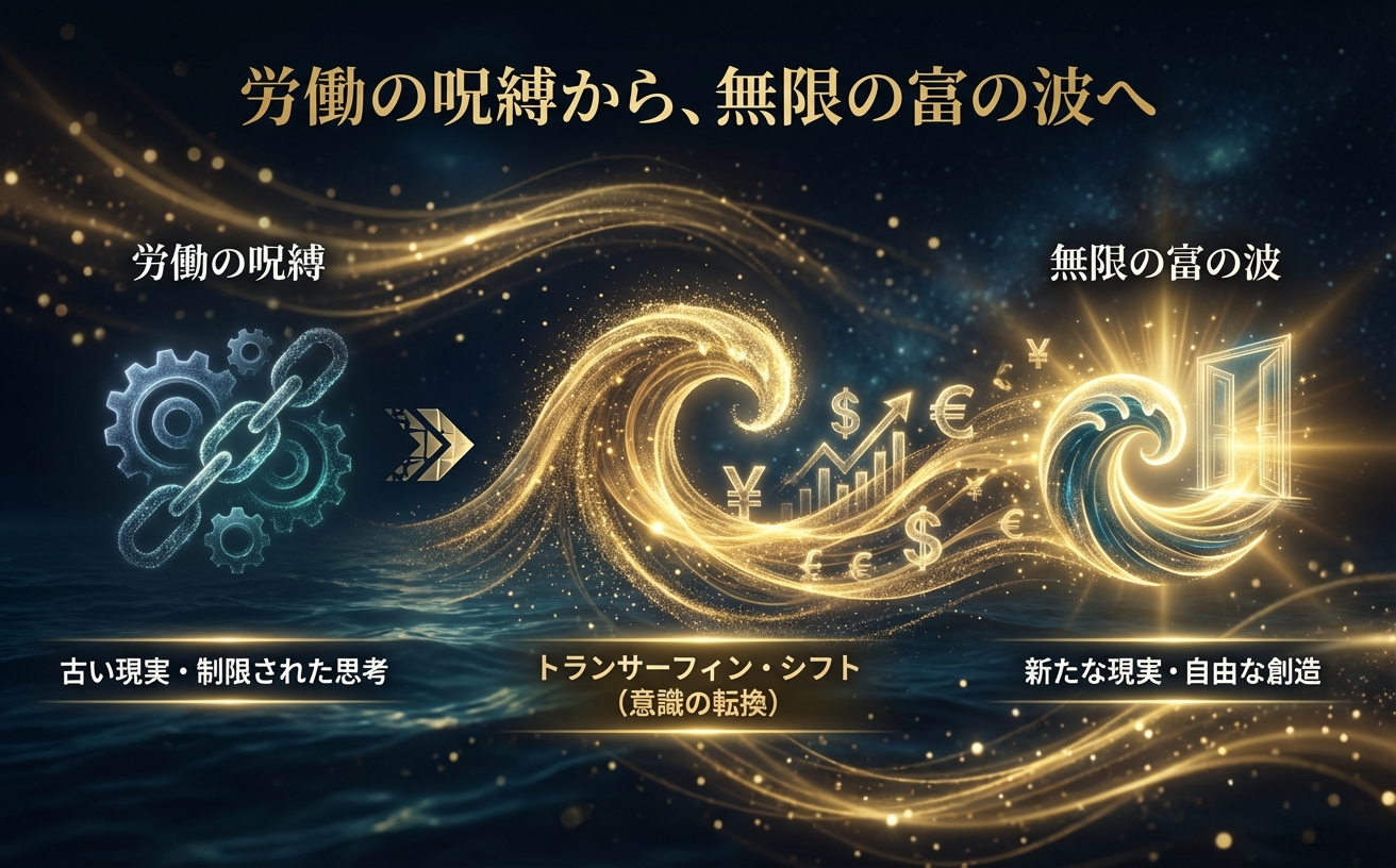 【AI画像プロンプト】アスペクト比970x600。背景は「Cosmic Oceanic Gradient（宇宙と深海のグラデーション、色コード：#040B14、#1B4965）」。水面に金色の反射（#D4AF37、#FFCC33）があり、星雲や光の粒子（ボケ効果）が漂う。中央には、巨大で美しい金色の波（マネーの波）を穏やかに見つめる人間の黒いシルエット（サーファー/観察者）。波の中には光の星座のように輝く通貨記号（¥、$）が浮かんでいる。上部にエレガントなセリフ体で「労働の呪縛から、無限の富の波へ」という日本語のタイトルを配置。全体的に「成功における静寂」とスピリチュアルな豊かさを感じさせる、非常に豪華で神秘的なデザイン。顔は見せず、フラットデザインやネオンカラーは使用しない。