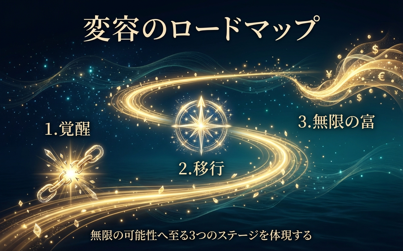 【AI画像プロンプト】アスペクト比970x600。背景は宇宙と深海が融合したグラデーション（#040B14）。金色の光の軌跡（#D4AF37、#FFCC33）が左下から右上へと美しいS字カーブを描いて伸びている「変容のロードマップ」。軌跡の上に3つの「3D Ethereal Glow（光とクリスタルでできた立体アイコン）」を配置。1つ目は「鎖が解ける光のアイコン（欠乏からの覚醒）」、2つ目は「輝く羅針盤（バリアントの選択）」、3つ目は「溢れ出す光のエネルギー（無限の富の波）」。各アイコンの横に日本語で「1. 覚醒」「2. 移行」「3. 無限の富」とエレガントなシャンパンクリーム色（#F5E6BE）の文字でラベル付け。全体的に神秘的で高級感があり、読者を圧倒的な成功へと導く雰囲気を演出。
