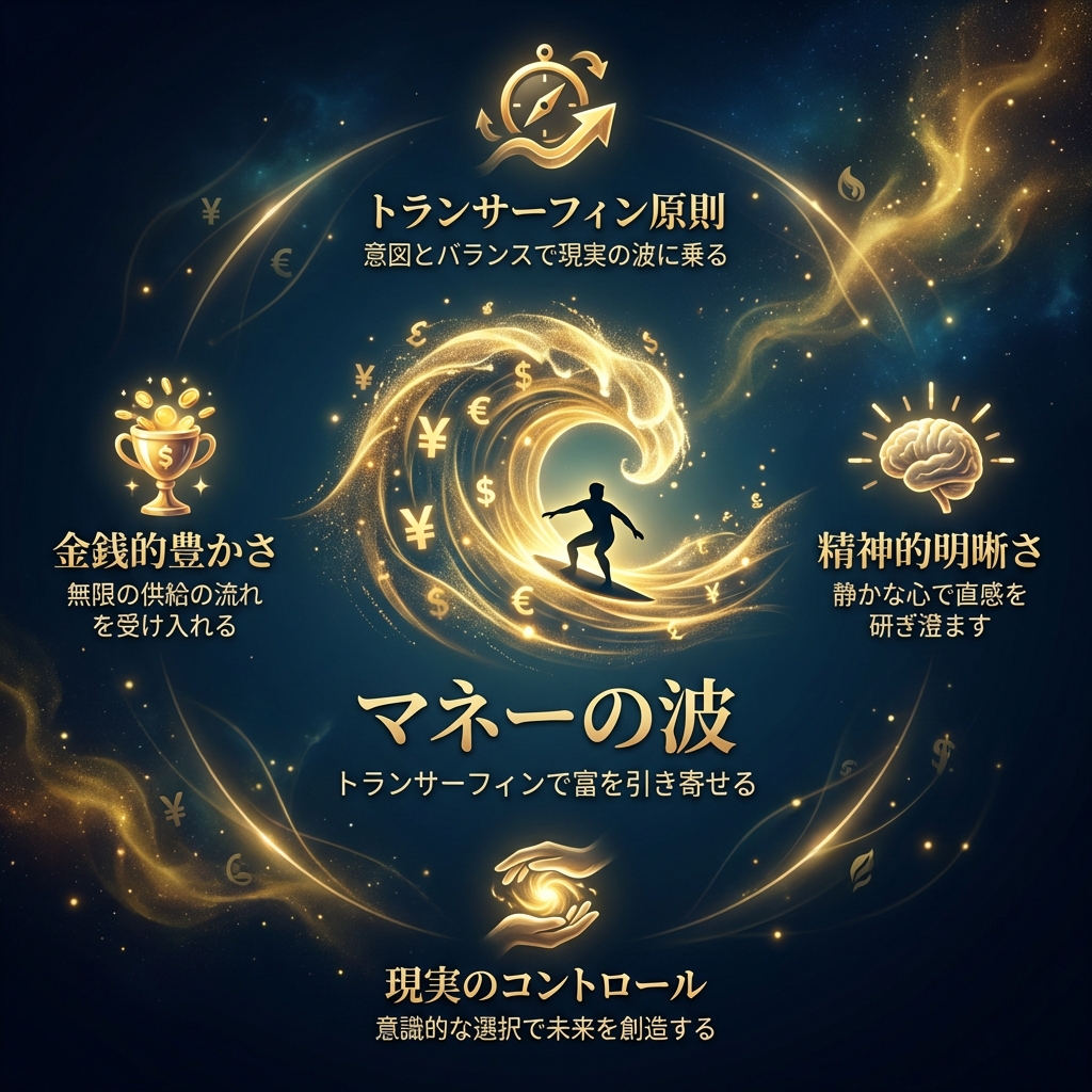 【AI画像プロンプト】背景は深海ブルー（#1B4965）。金色の光の粒子で形成された「3D Ethereal Glow」の波のアイコン。波の上に静かに立つ黒いシルエット。力みがなく、自然の大きな流れと完全に調和している神秘的なデザイン。