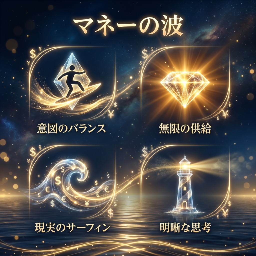 【AI画像プロンプト】背景は夜空と宇宙のグラデーション（#040B14）。純粋な光とクリスタルでできた「3D Ethereal Glow」のダイヤモンド型アイコン。その中心から金色の光（#FFCC33）が四方八方に溢れ出し、無限の供給と富を象徴する。