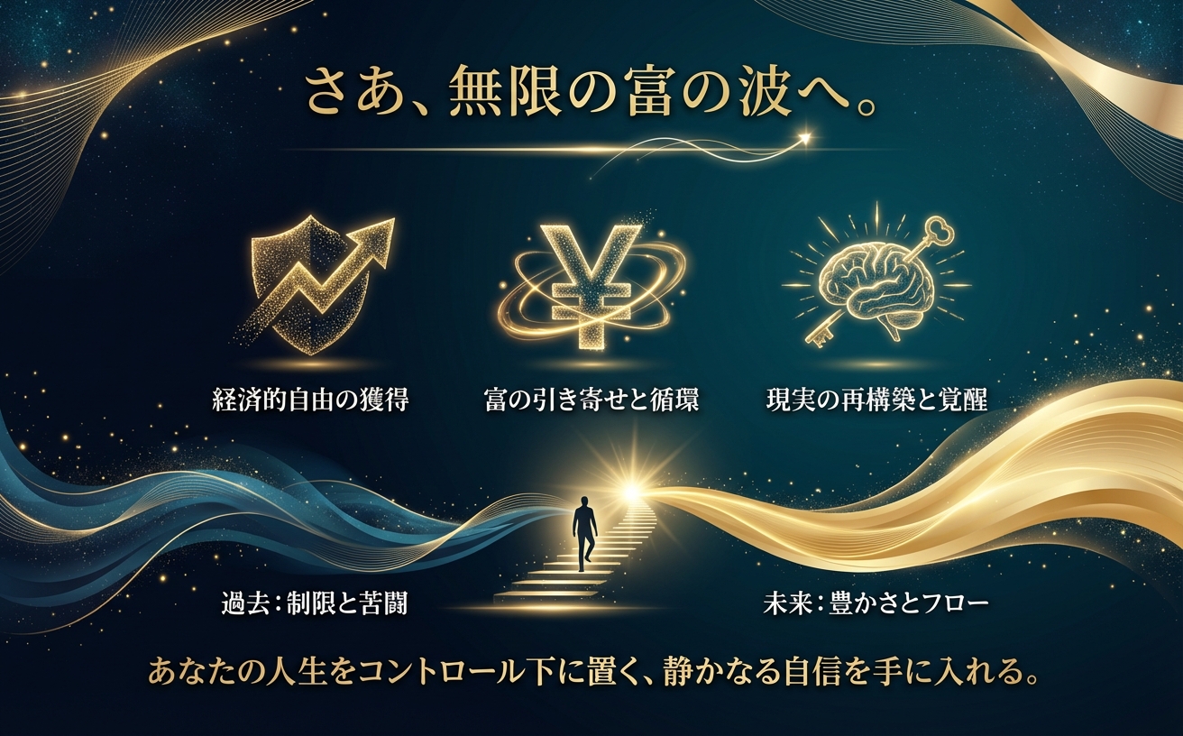 【AI画像プロンプト】アスペクト比970x600。背景は圧倒的に美しく神秘的な「Cosmic Oceanic Gradient（#040B14、#1B4965）」。黄金色（#D4AF37、#FFCC33）に輝く巨大なエネルギーの波が、静かに、しかし力強く画面全体を包み込んでいる。波の頂点に向かって光の階段が伸びており、そこを歩む人間のシルエット。上部にはエレガントなフォントで「さあ、無限の富の波へ。」という力強い日本語のメッセージ。読者に「今すぐ行動しなければならない」という強い憧れと決断を促す、最高級のラグジュアリーとスピリチュアルな覚醒を融合させたデザイン。