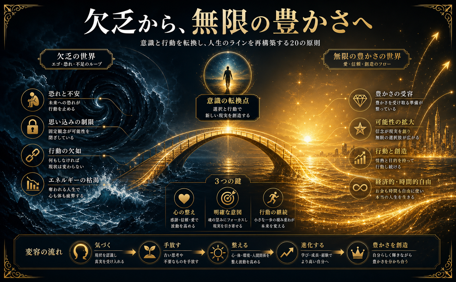 【ビジュアルスタイル仕様書：マネーの波】を適用。深いミッドナイトブルーからリッチブラックへのグラデーション背景。左側には荒波と暗いエネルギーの渦（欠乏の象徴）、右側には静かで光り輝く黄金の海と上昇する光の粒子（無限の豊かさの象徴）を描く。中央には、暗闇から黄金の光へと渡る光輝く橋。上部に太字の明朝体で「欠乏から、無限の豊かさへ」というテキストを白とシャンパンゴールドで配置。本や表紙の描写は一切禁止。荘厳で神秘的な雰囲気。