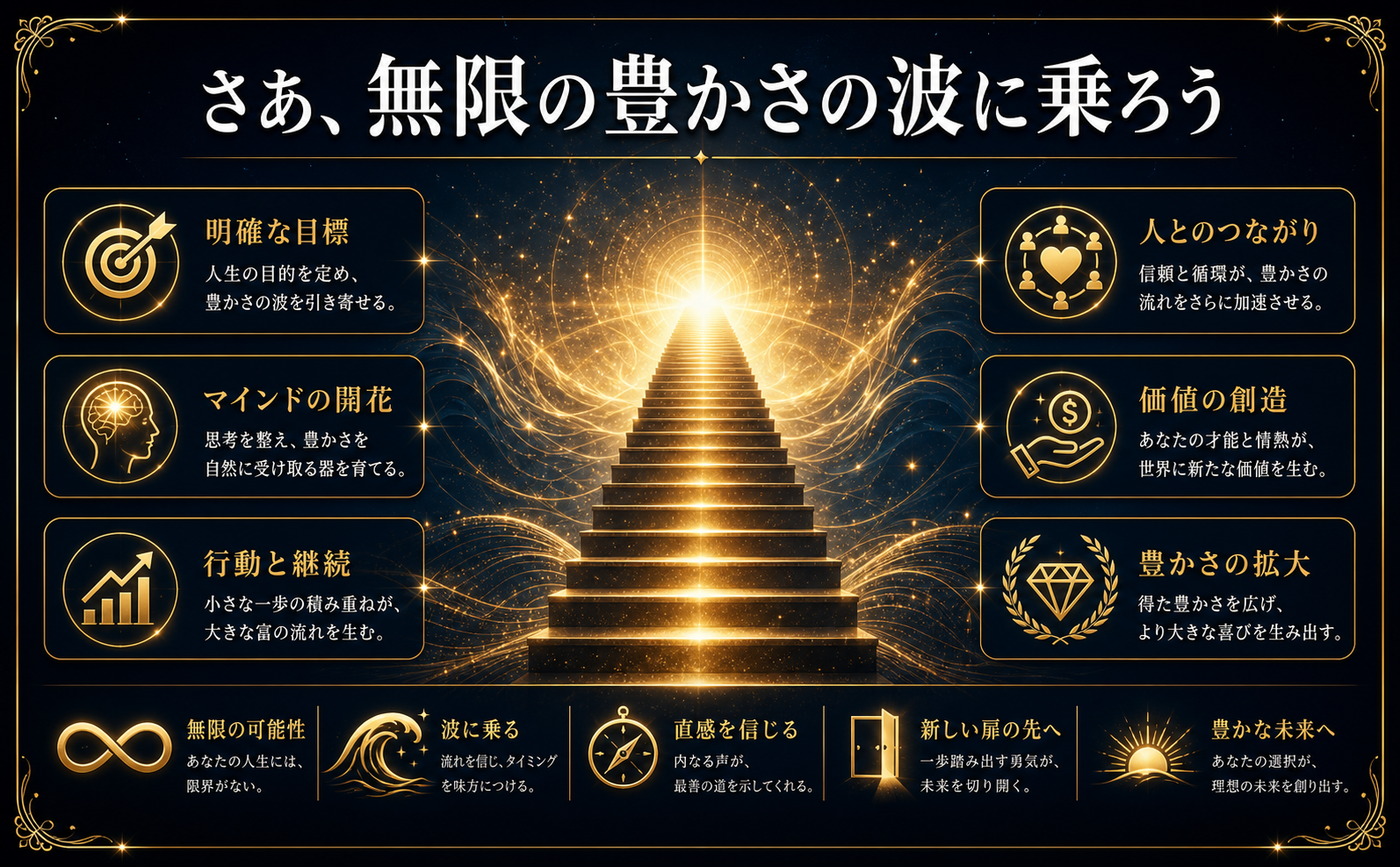 【ビジュアルスタイル仕様書：マネーの波】を適用。リッチブラックからミッドナイトブルーへの深いグラデーション背景。中央には、上へと続く光り輝く黄金の階段。その先には眩いシャンパンゴールドの光が溢れる未知の空間が広がっている。上部に太字の明朝体で「さあ、無限の豊かさの波に乗ろう」というテキストを白で配置。荘厳で神秘的な豊かさ、静かな自信に満ちた成功の雰囲気を極限まで高める。本や表紙の描写は一切禁止。