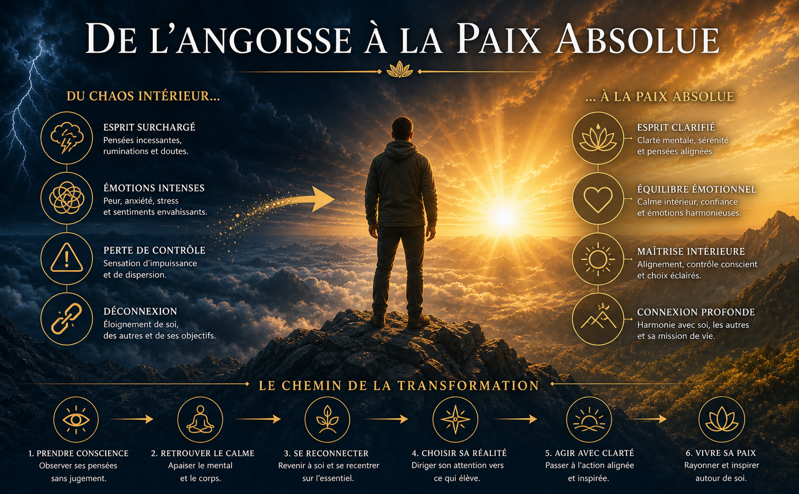 Scène de style de vie inspirante au format paysage (970x600). Une personne debout au sommet d'une montagne rocheuse (Gris Ardoise), de dos, regardant un lever de soleil éclatant (Or Solaire et Ambre Doux) dissipant une mer de nuages sombres (Bleu Profond). Ambiance de sérénité profonde et de clarté mentale. Rayons de lumière divins filtrant à travers les nuages. Texte intégré en français avec une police serif élégante (type Cinzel) en Blanc Éclatant : "De l'angoisse à la paix absolue". Aucun objet livre, uniquement une métaphore visuelle de libération.