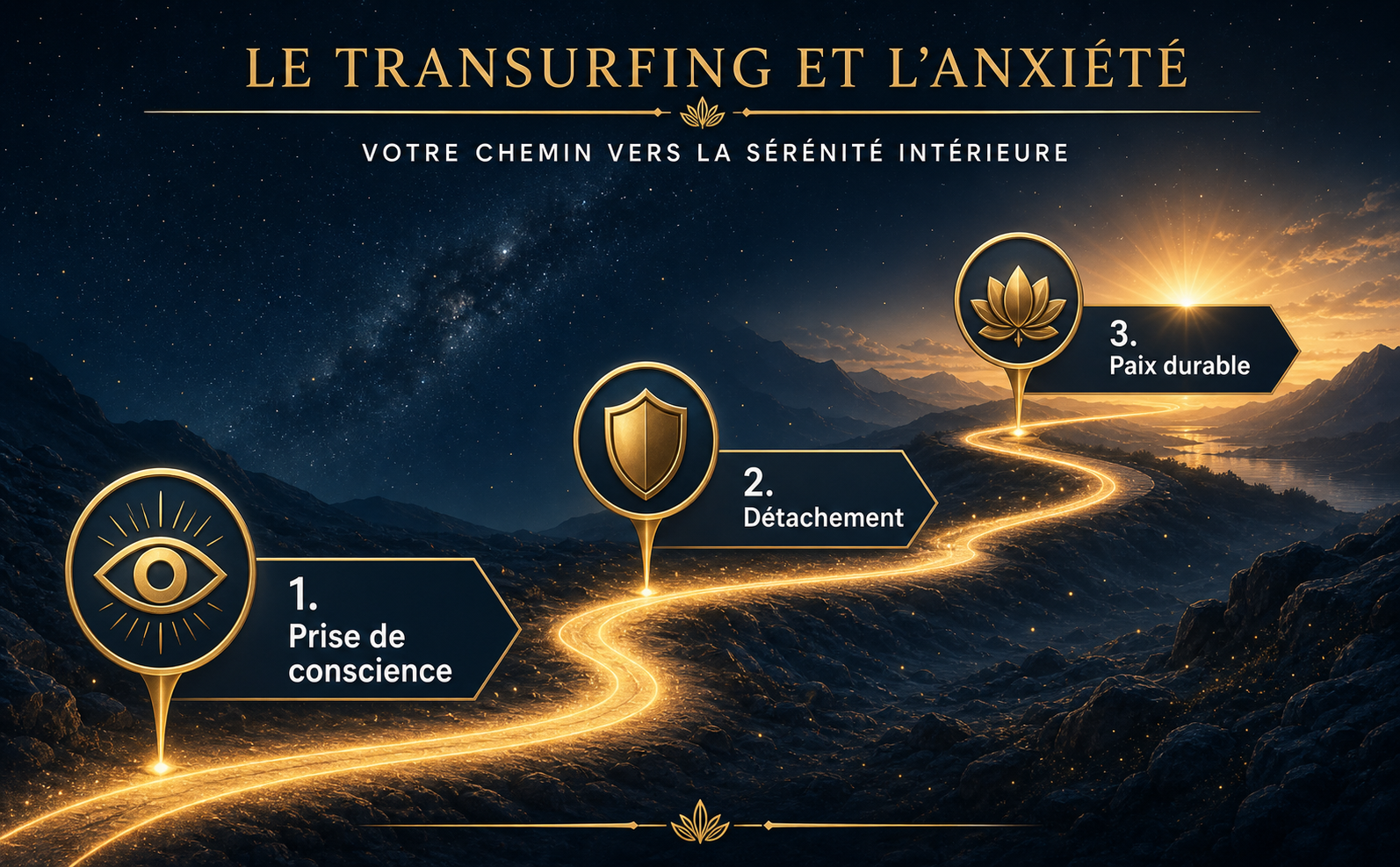 Infographie de type feuille de route au format paysage (970x600). Un chemin lumineux (Or Solaire) qui serpente à travers un fond sombre et étoilé (Bleu Profond), menant vers un horizon éclatant. Le chemin comporte trois étapes marquées par des icônes 3D épurées et dorées : 1. Un œil ouvert. 2. Un bouclier. 3. Une fleur de lotus. Lignes horizontales dorées et particules de poussière lumineuse. Textes en français en police sans-serif moderne et Blanc Éclatant : "1. Prise de conscience", "2. Détachement", "3. Paix durable".
