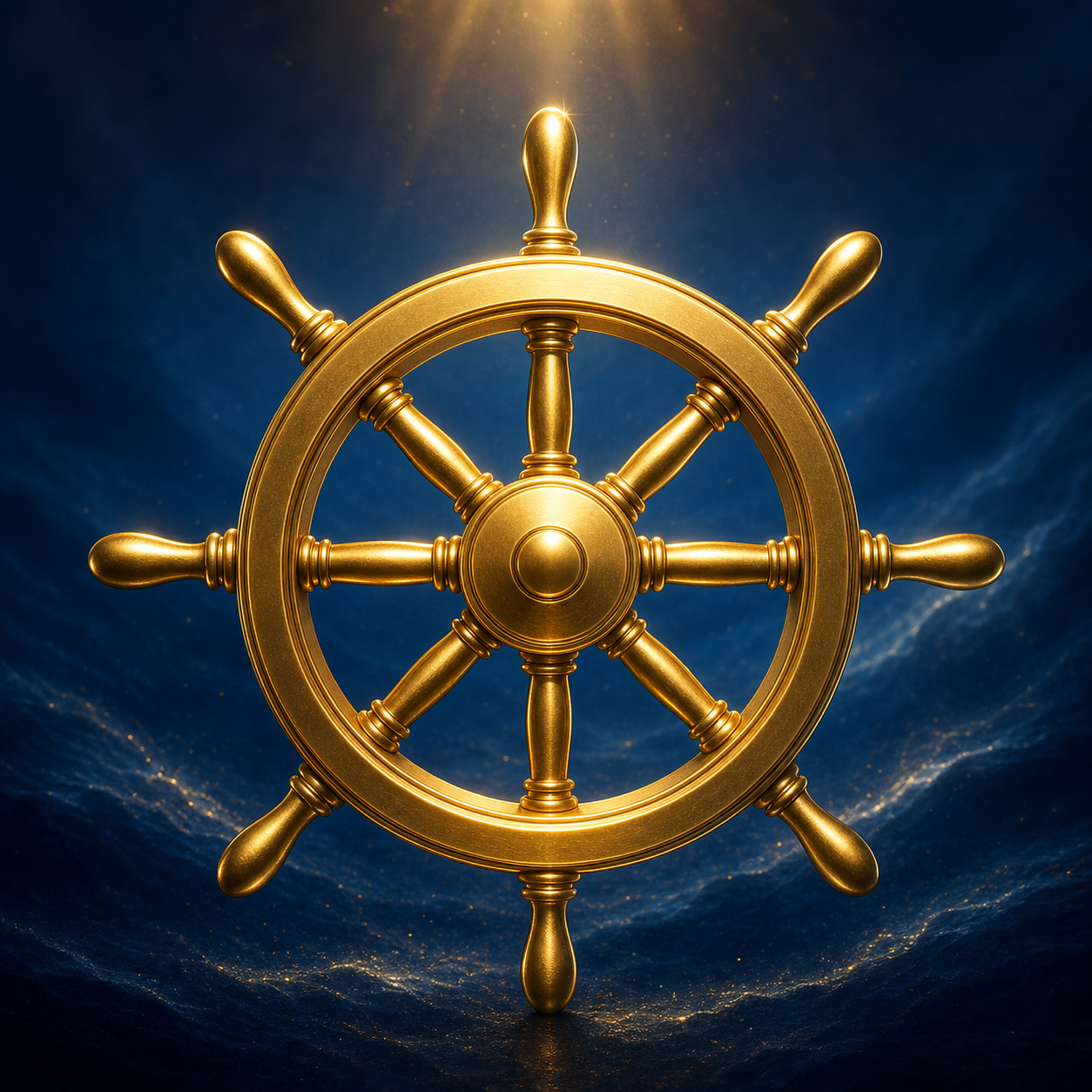 Icône 3D minimaliste d'un gouvernail de navire aux finitions métalliques dorées (Or Solaire) sur un fond dégradé cinématique Bleu Profond. Éclairage doux mettant en valeur la solidité et le contrôle absolu.