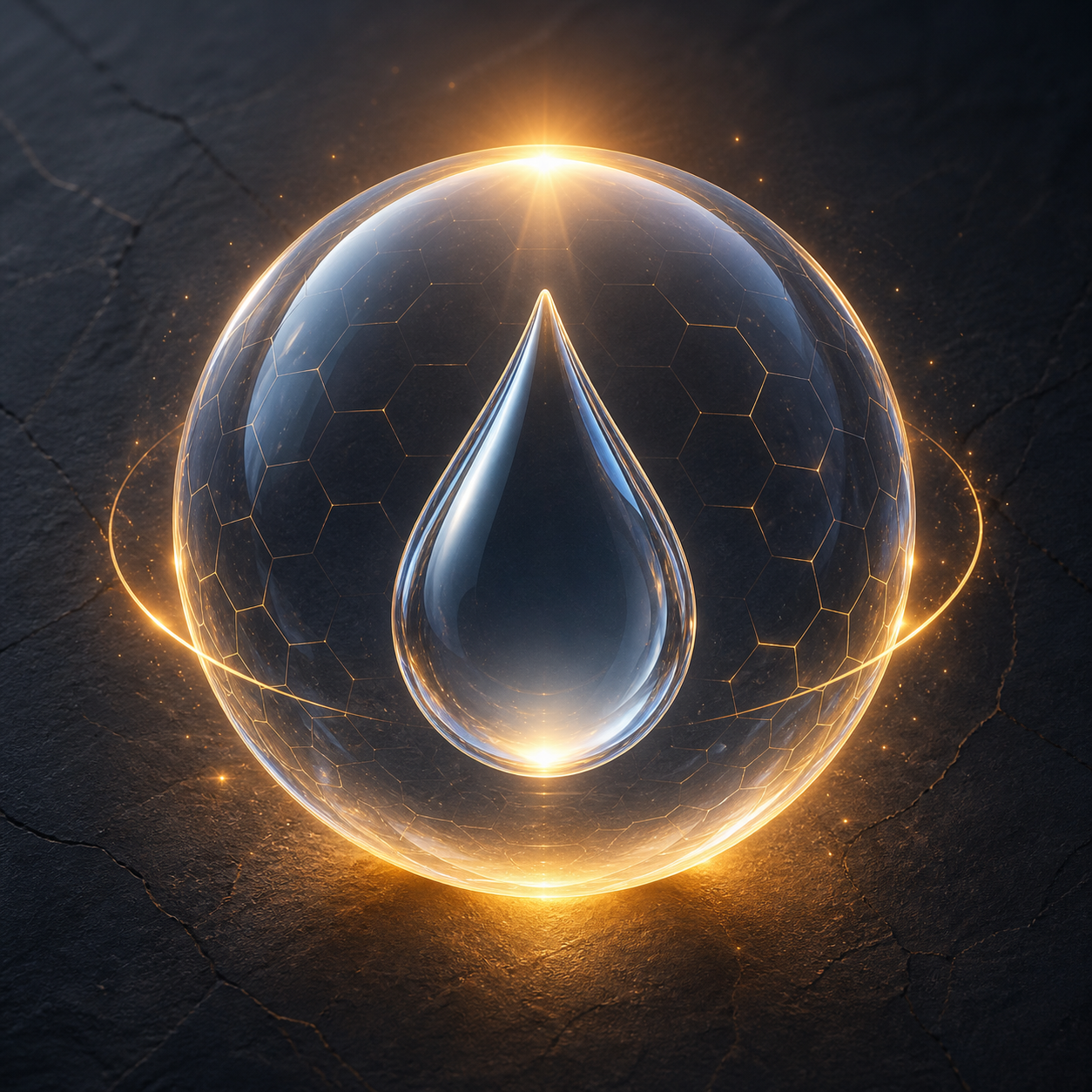 Icône 3D épurée d'une sphère translucide protectrice entourant une goutte d'eau pure, avec des lueurs douces Ambre Doux sur un fond Gris Ardoise. Symbole abstrait de protection impénétrable.