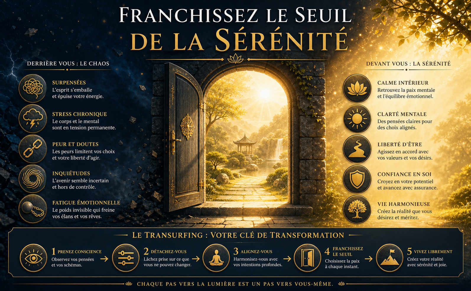 Scène métaphorique puissante au format paysage (970x600). Une porte ouverte encadrée de pierre naturelle (Gris Ardoise) révélant un jardin zen baigné d'une lumière radieuse (Or Solaire et Blanc Éclatant). L'obscurité (Bleu Profond) reste derrière la porte. Particules de lumière flottant dans l'air, ambiance d'espoir et de transition positive. Texte intégré en français, police serif classique (Cinzel) : "Franchissez le seuil de la sérénité".