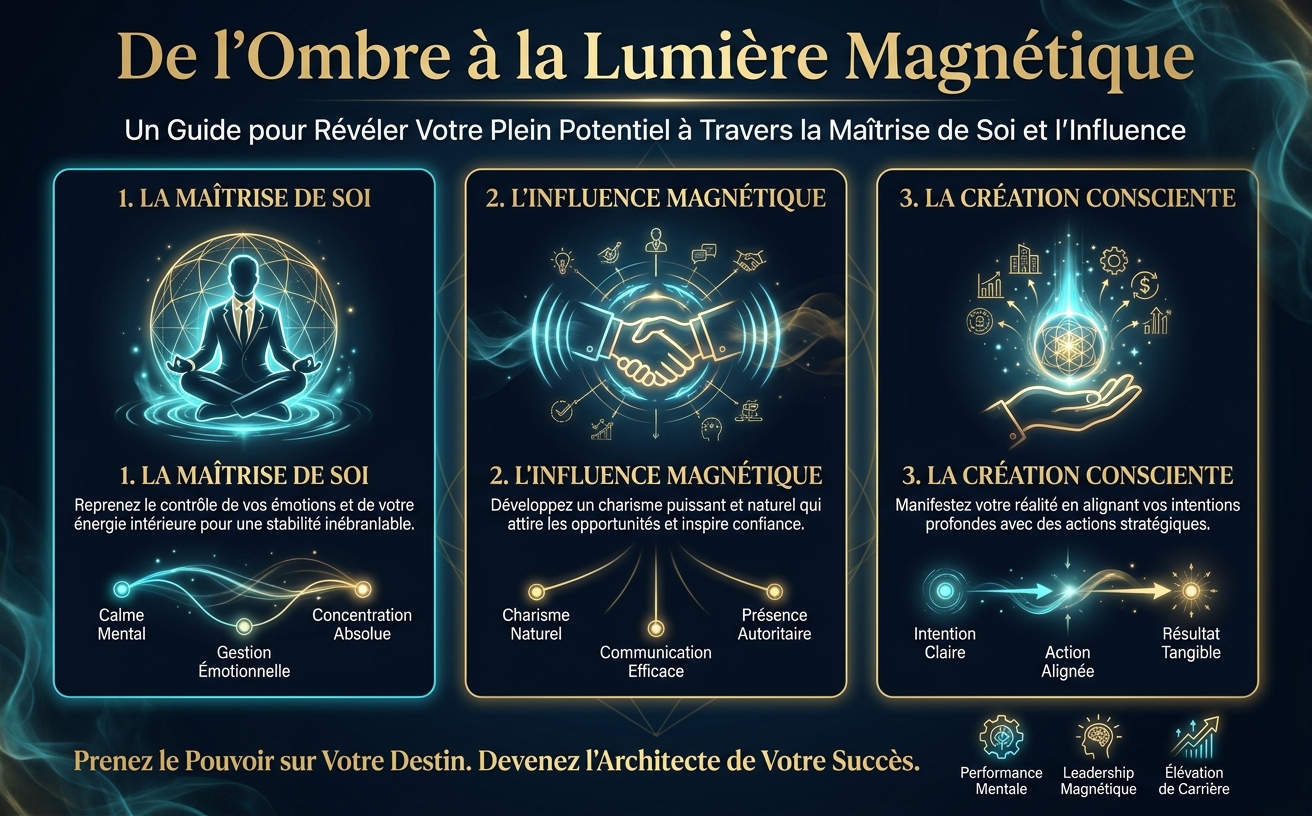 Image paysage 970x600. Une silhouette élégante en costume d'affaires, rayonnant d'une subtile aura cyan, se tenant avec une assurance absolue dans une pièce sombre. Texte principal en français : "De l'Ombre à la Lumière Magnétique". Guide de style visuel : Esthétique mystique-corporate premium sombre. Palette : Bleu Nuit Profond (#050A14), Cyan Électrique (#00D4FF), Or Métallique (#C5A059), Blanc Pur. Éclairage : Cinématographique, contraste élevé, volutes d'énergie lumineuses, traînées de lumière éthérées, superpositions de géométrie sacrée en fines lignes dorées. Fond : Dégradé radial sombre avec fumée subtile et particules de bokeh. Ambiance : Puissant, magnétique, autorité calme, ésotérique mais professionnel. À éviter : Lumière du jour, couleurs chaudes (rouge/orange), éclairage plat.