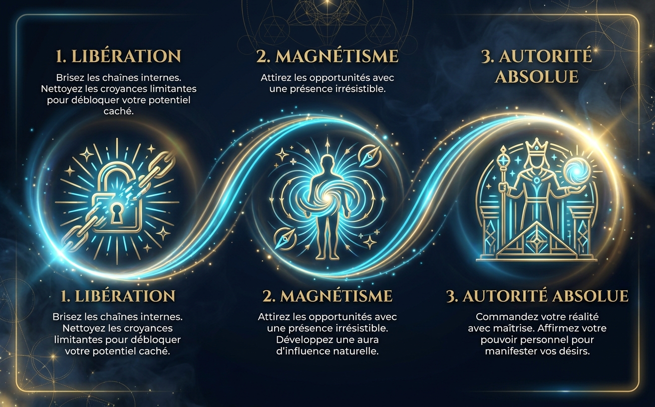 Infographie paysage 970x600. Une chronologie visuelle montrant un chemin lumineux cyan et or. Trois étapes avec des icônes linéaires 3D lumineuses. Textes en français : "1. Libération", "2. Magnétisme", "3. Autorité Absolue". Guide de style visuel : Esthétique mystique-corporate premium sombre. Palette : Bleu Nuit Profond (#050A14), Cyan Électrique (#00D4FF), Or Métallique (#C5A059), Blanc Pur. Éclairage : Cinématographique, contraste élevé, volutes d'énergie lumineuses, traînées de lumière éthérées, superpositions de géométrie sacrée en fines lignes dorées. Fond : Dégradé radial sombre avec fumée subtile et particules de bokeh. Typographie : Serif sophistiquée pour les titres (or), Sans-Serif minimaliste pour le corps (blanc). Ambiance : Puissant, magnétique, autorité calme.