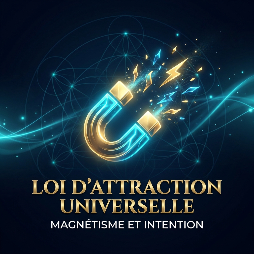 Icône 3D lumineuse d'un aimant abstrait entouré d'éclats dorés. Style mystique-corporate premium sombre, fond Bleu Nuit Profond (#050A14), accents Cyan Électrique (#00D4FF) et Or Métallique (#C5A059). Éclairage cinématographique, géométrie sacrée.