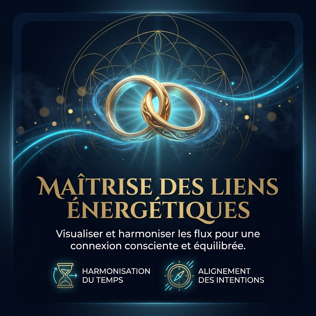 Icône 3D de deux anneaux entrelacés en or vieilli brillant dans l'obscurité. Style mystique-corporate premium sombre, fond Bleu Nuit Profond (#050A14), accents Cyan Électrique (#00D4FF) et Or Métallique (#C5A059). Éclairage cinématographique.