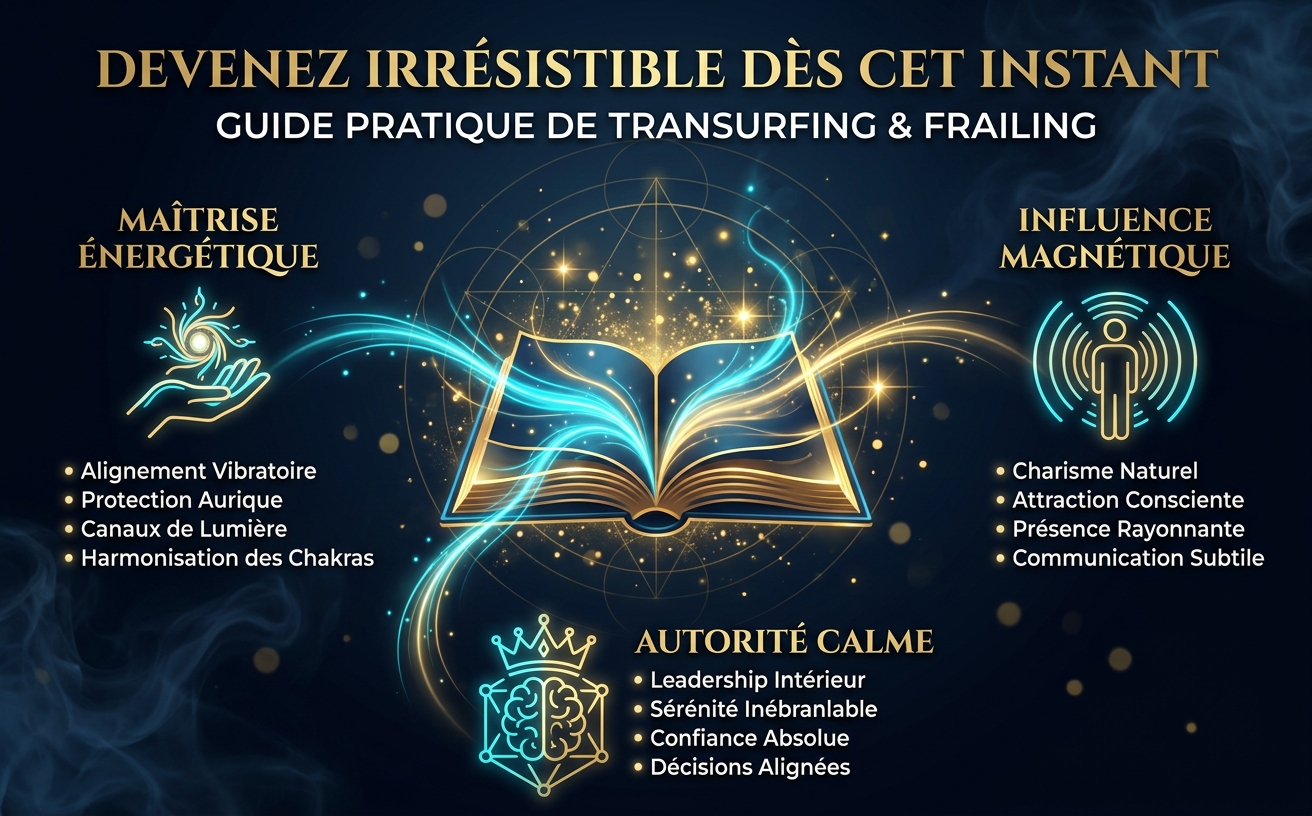 Image paysage 970x600. Un livre aux contours dorés rayonnant d'une puissante lumière cyan électrique, entouré de particules dorées en lévitation. Texte en français : "Devenez Irrésistible Dès Cet Instant". Guide de style visuel : Esthétique mystique-corporate premium sombre. Palette : Bleu Nuit Profond (#050A14), Cyan Électrique (#00D4FF), Or Métallique (#C5A059), Blanc Pur. Éclairage : Cinématographique, contraste élevé, volutes d'énergie lumineuses, traînées de lumière éthérées, superpositions de géométrie sacrée en fines lignes dorées. Fond : Dégradé radial sombre avec fumée subtile et particules de bokeh. Ambiance : Puissant, magnétique, autorité calme.