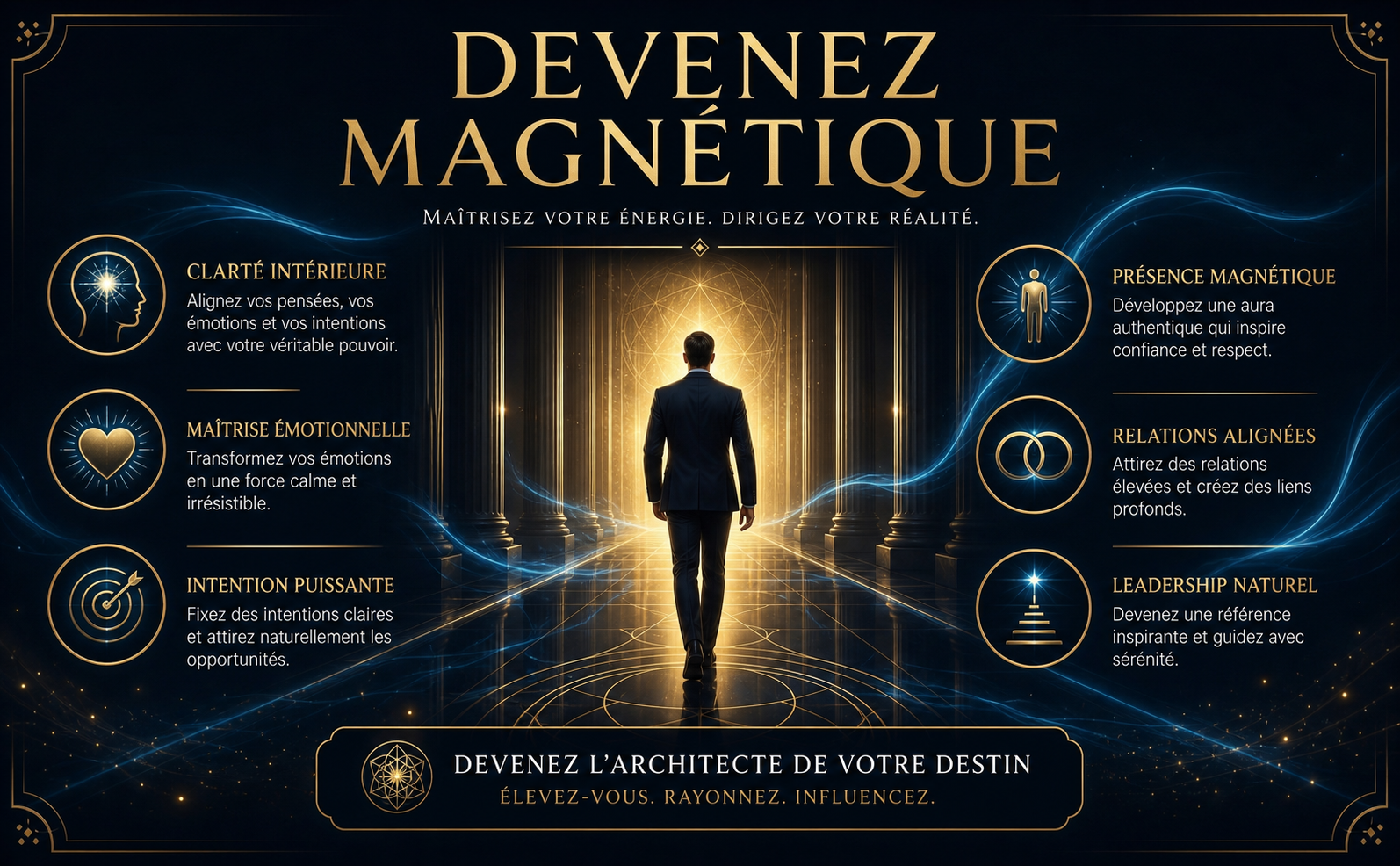 Scène de style de vie aspirationnelle représentant la transformation. Une silhouette élégante marchant avec assurance dans un vaste couloir sombre et majestueux, se dirigeant vers une brillante lumière dorée, symbolisant l'accès à l'autorité naturelle. Palette de couleurs stricte : Bleu nuit profond (#0B121E), Or mat (#C5A059) et Noir pur (#05070A). Intégrer de subtiles traînées de lumière éthérée et des ombres portées douces pour la profondeur. Style mystique, prestigieux et professionnel. Typographie élégante avec empattements (Serif) affichant le texte en français : "Devenez Magnétique". Aucune image de livre, aucune couverture, aucun objet livre. Pas de couleurs saturées rouge/vert, pas de cartoon.
