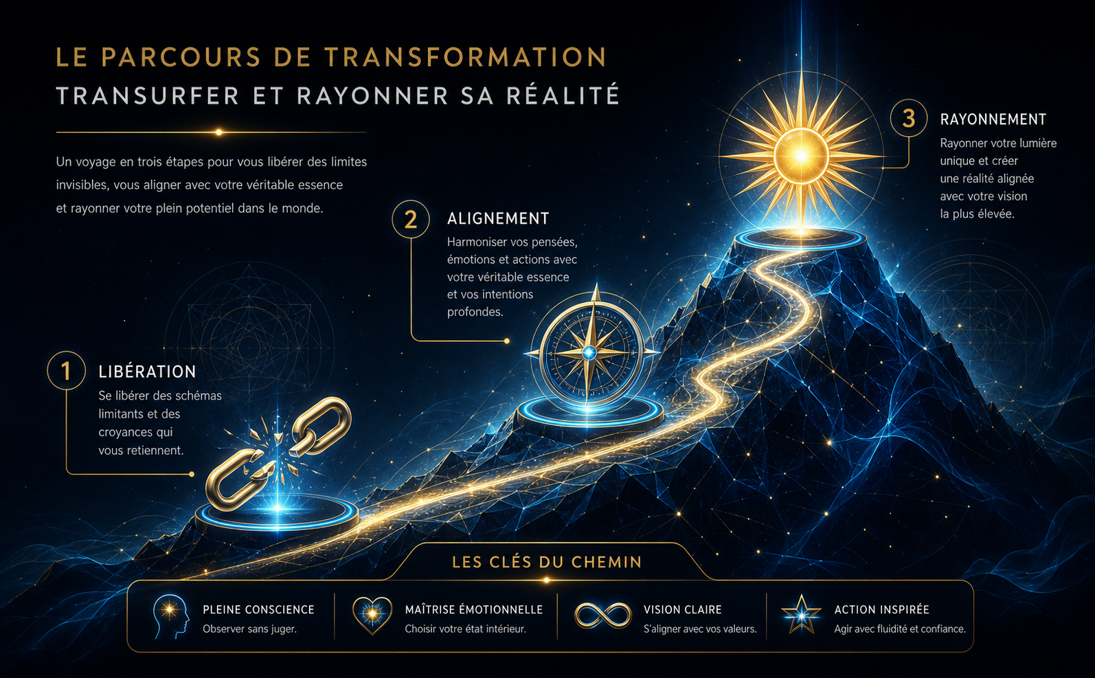 Infographie de processus sous forme de feuille de route ascendante. Trois étapes s'élevant sur une montagne abstraite lumineuse. Étape 1 : "Libération". Étape 2 : "Alignement". Étape 3 : "Rayonnement". Icônes 3D premium : une chaîne brisée, une boussole lumineuse, un soleil rayonnant. Palette : Noir pur (#05070A) en fond avec dégradés profonds, Bleu électrique néon (#4AC9FF) et Or mat (#C5A059) pour les accents. Motifs de géométrie sacrée en filigrane discret. Typographie Sans-serif moderne gris perle (#E0E0E0). Ambiance majestueuse et calme. Aucun livre, aucune couverture. Pas de cartoon.
