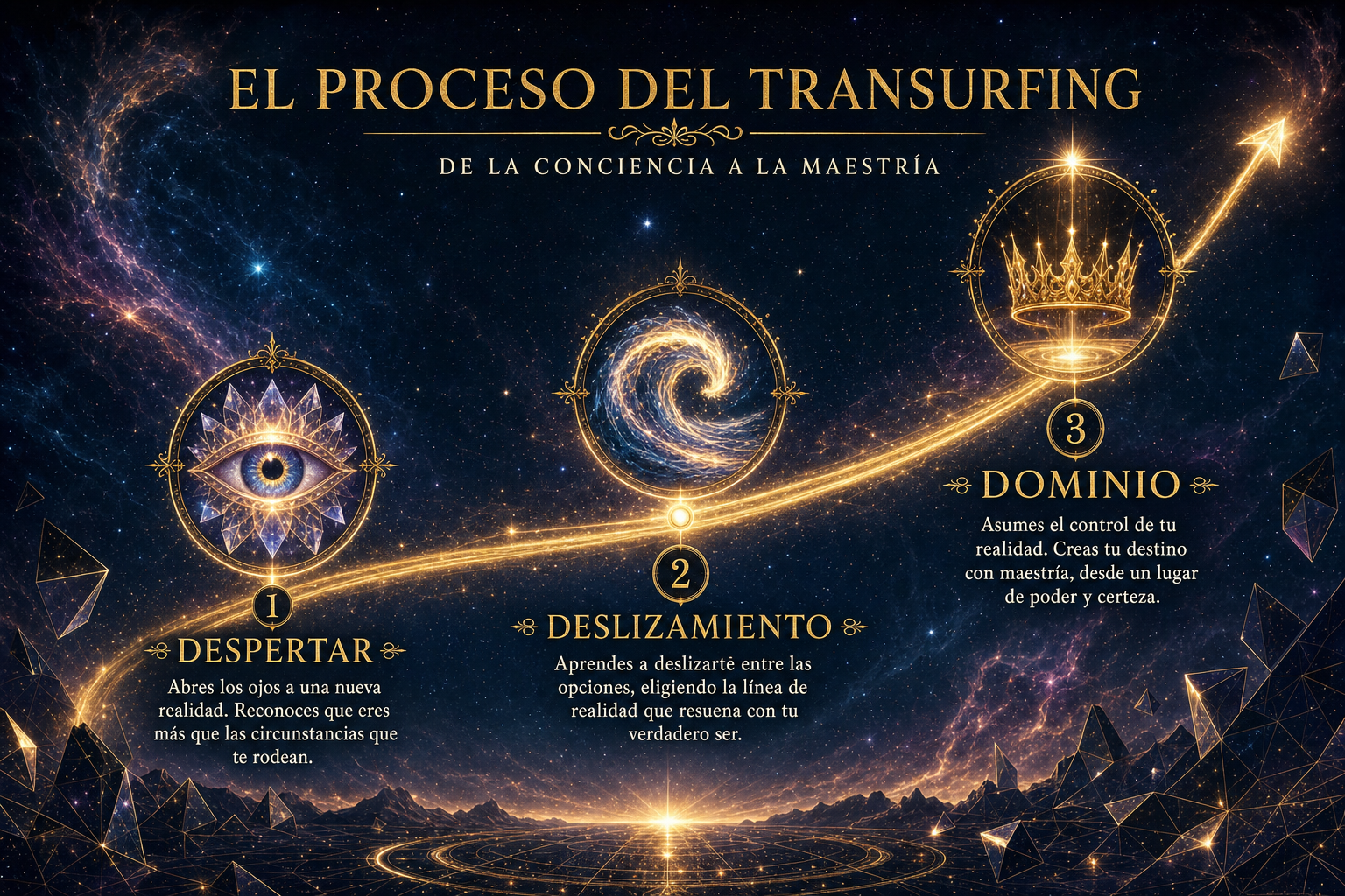 Imagen apaisada 970x600. Infografía de proceso. STYLE GUIDE TRANSURFING: Fondo cósmico profundo (#0A1428) con una línea de tiempo ascendente hecha de estelas de luz dorada (#C5A059). Tres hitos marcados con iconos 3D Premium con iluminación interna: 1. Un ojo de cristal abriéndose, 2. Una ola de energía fluida, 3. Una corona de luz dorada. Etiquetas en español con tipografía Serif elegante (oro): 'DESPERTAR', 'DESLIZAMIENTO', 'DOMINIO'. Atmósfera de sabiduría antigua y alta tecnología cuántica. Sin objetos de lectura.