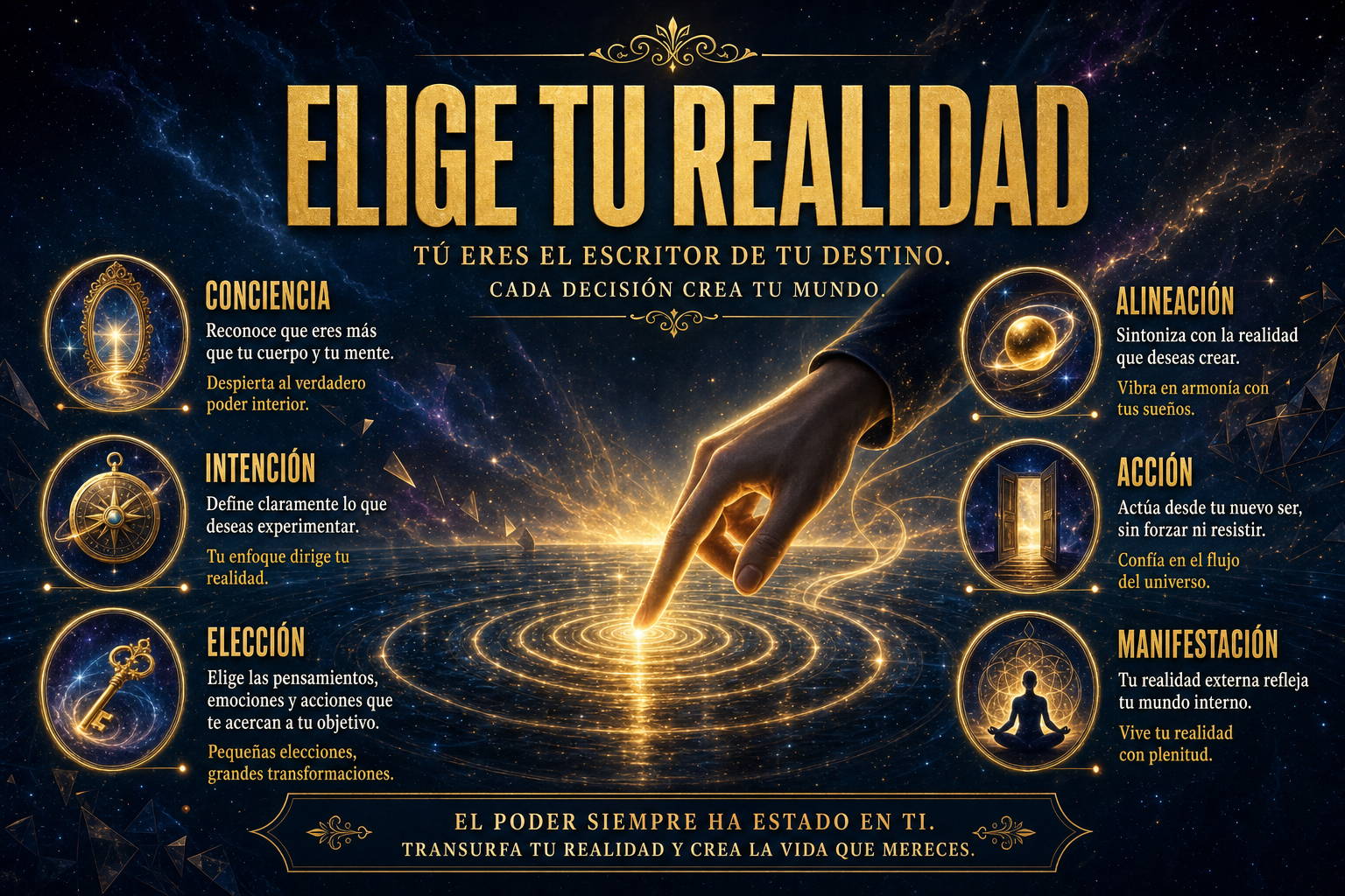 Imagen apaisada 970x600. STYLE GUIDE TRANSURFING: Tonos profundos de azul noche (#0B101B) y destellos de oro metálico (#D4AF37). Escena: Una mano humana elegante tocando la superficie de un espejo de agua oscura cósmica, desde donde se expanden ondas de luz dorada concéntricas que alteran el espacio-tiempo. Texto principal centrado en oro metálico (tipografía Sans-serif condensada y audaz): 'ELIGE TU REALIDAD'. Atmósfera mística, de poder absoluto y empoderamiento. Partículas de luz flotantes. Cero objetos de lectura.