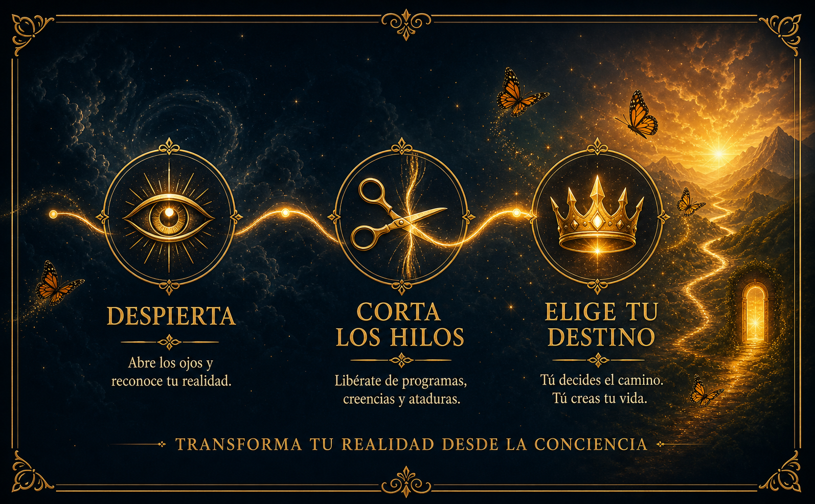 Infografía mística y elegante sobre fondo azul noche profundo (#0B131E). Una línea de tiempo ondulante en oro antiguo (#D4AF37) que conecta tres iconos 3D metálicos: 1. Un ojo abierto, 2. Unas tijeras cortando un hilo luminoso, 3. Una corona brillante. Textos en español junto a cada icono: "DESPIERTA", "CORTA LOS HILOS", "ELIGE TU DESTINO". Iluminación ámbar (#F9A602) bañando el paso final. Estilo cinemático, sin libros. Efectos de destellos de luz (lens flare) y pequeñas mariposas monarca.