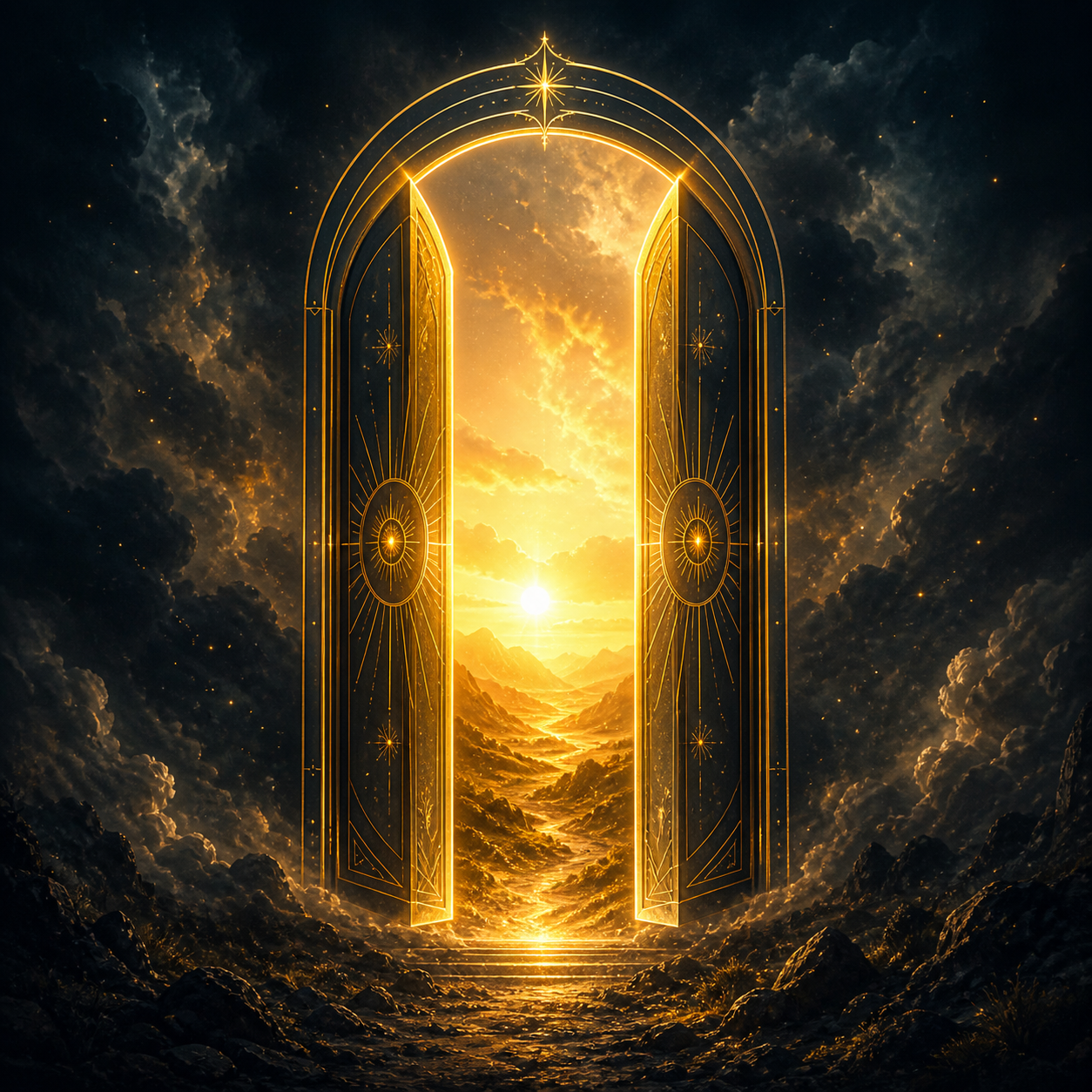 Una puerta majestuosa de luz brillante abriéndose en medio de un paisaje oscuro, revelando un horizonte dorado y resplandeciente. Estilo cinemático, marcos lineales dorados, sin texto.
