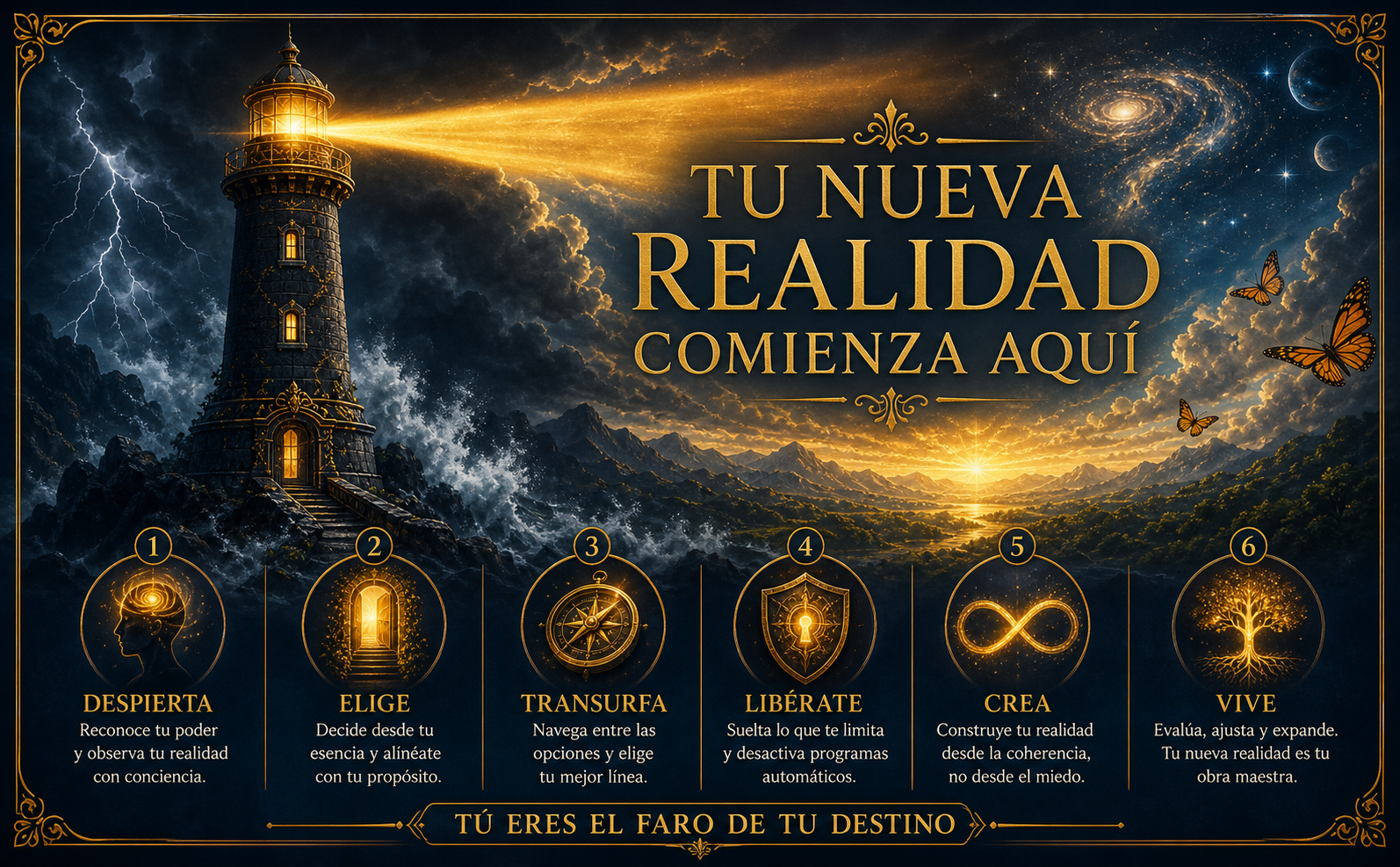 Un faro majestuoso hecho de piedra oscura y detalles en oro antiguo (#D4AF37), emitiendo un rayo de luz ámbar intenso (#F9A602) que corta a través de una tormenta de niebla azul noche (#0B131E). En el cielo despejado por la luz, texto elegante en tipografía serif clásica en español: "TU NUEVA REALIDAD COMIENZA AQUÍ". Atmósfera épica, transformadora. Sin libros ni objetos mundanos. Marcos lineales dorados sutiles en los bordes.