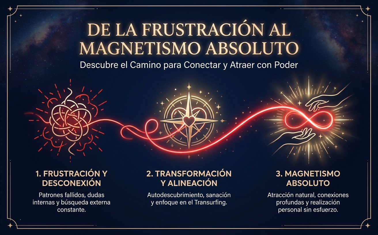 Visual Style Guide for "El Hilo Rojo del Destino": Color Palette: Midnight Blue (#0B1026), Glowing Neon Red (#FF2D40), Champagne Gold (#E8D1A7), Starlight White. Atmosphere: Mystical, cosmic romance, transcendental, and serene. Cinematic lighting with deep shadows and ethereal glows. Visual Elements: Glowing red energy threads flowing through the scene, subtle stardust, elegant silhouettes, calm water reflections at night. Typography Style: High-contrast elegant Serif for headlines, clean minimalist Sans-Serif for body text. Art Style: Photorealistic with a touch of magical realism. No bright daylight, no flat icons, no cartoonish elements. High-end editorial aesthetic. Escena: Una silueta elegante de perfil mirando hacia un horizonte cósmico, conectada por un hilo rojo luminoso que fluye hacia el infinito. Texto en la imagen: "De la Frustración al Magnetismo Absoluto". Formato horizontal 970x600.
