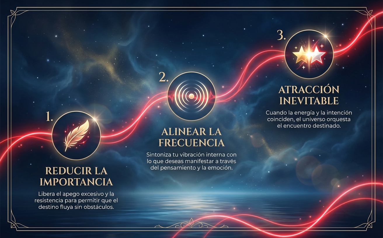 Visual Style Guide for "El Hilo Rojo del Destino": Color Palette: Midnight Blue (#0B1026), Glowing Neon Red (#FF2D40), Champagne Gold (#E8D1A7), Starlight White. Atmosphere: Mystical, cosmic romance, transcendental, and serene. Cinematic lighting with deep shadows and ethereal glows. Visual Elements: Glowing red energy threads flowing through the scene, subtle stardust, elegant silhouettes, calm water reflections at night. Typography Style: High-contrast elegant Serif for headlines, clean minimalist Sans-Serif for body text. Art Style: Photorealistic with a touch of magical realism. No bright daylight, no flat icons, no cartoonish elements. High-end editorial aesthetic. Escena: Infografía de línea de tiempo con 3 pasos ascendentes. Un hilo rojo luminoso conecta los tres puntos. Paso 1: "Reducir la Importancia" (icono de pluma dorada). Paso 2: "Alinear la Frecuencia" (icono de ondas concéntricas). Paso 3: "Atracción Inevitable" (icono de dos estrellas fusionándose). Formato horizontal 970x600.