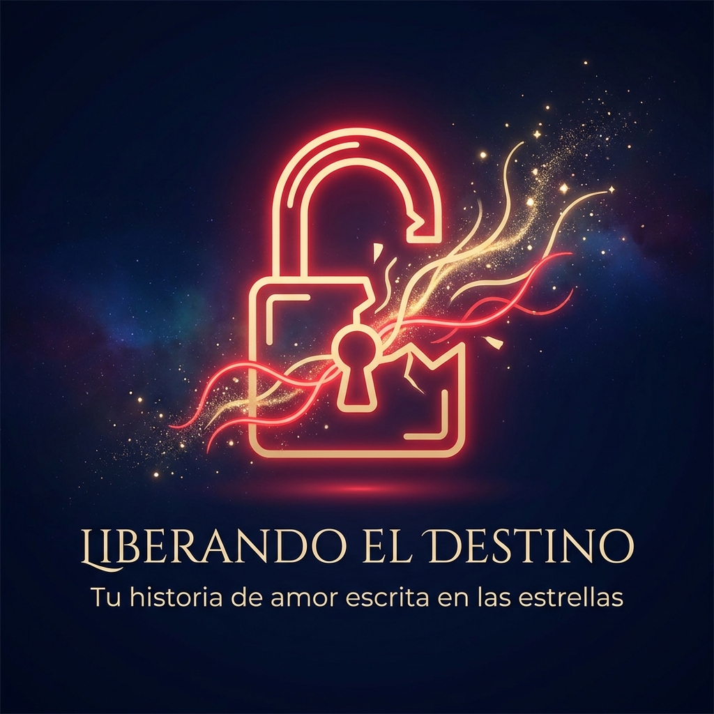 Visual Style Guide for "El Hilo Rojo del Destino". Icono de arte lineal brillante (glow line art) en color oro champagne sobre fondo azul profundo: Un candado abriéndose y transformándose en polvo de estrellas.