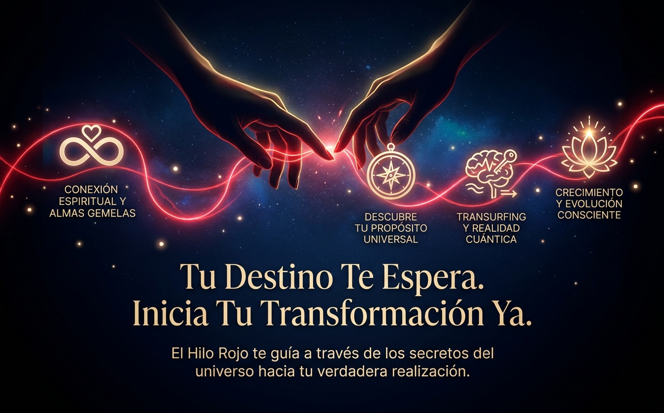 Visual Style Guide for "El Hilo Rojo del Destino": Color Palette: Midnight Blue (#0B1026), Glowing Neon Red (#FF2D40), Champagne Gold (#E8D1A7), Starlight White. Atmosphere: Mystical, cosmic romance, transcendental, and serene. Cinematic lighting with deep shadows and ethereal glows. Visual Elements: Glowing red energy threads flowing through the scene, subtle stardust, elegant silhouettes, calm water reflections at night. Typography Style: High-contrast elegant Serif for headlines, clean minimalist Sans-Serif for body text. Art Style: Photorealistic with a touch of magical realism. No bright daylight, no flat icons, no cartoonish elements. High-end editorial aesthetic. Escena: Dos manos elegantes a punto de rozarse, iluminadas por un hilo rojo brillante en medio del cosmos oscuro. Texto principal en la imagen: "Tu Destino Te Espera. Inicia Tu Transformación Ya." Formato horizontal 970x600.