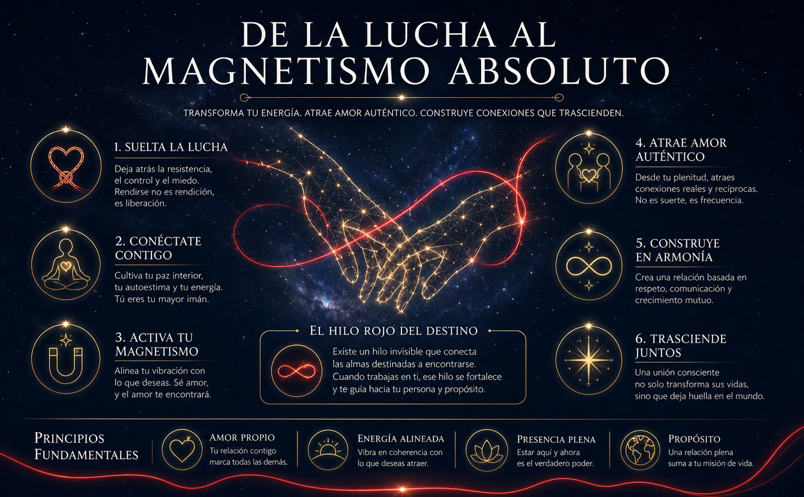 Escena mística y etérea. Un hilo rojo luminoso y fluido que se transforma en una constelación brillante en forma de dos manos entrelazadas sutilmente. Fondo celestial en azul noche profundo (#0B1428) y azul cobalto (#162238) con nebulosas suaves y partículas de luz en suspensión. Tipografía serif clásica en blanco puro (#FFFFFF) que dice: "De la Lucha al Magnetismo Absoluto". Estilo minimalista, elegante, sin luz solar directa, con destellos dorados champán (#E5C38E).