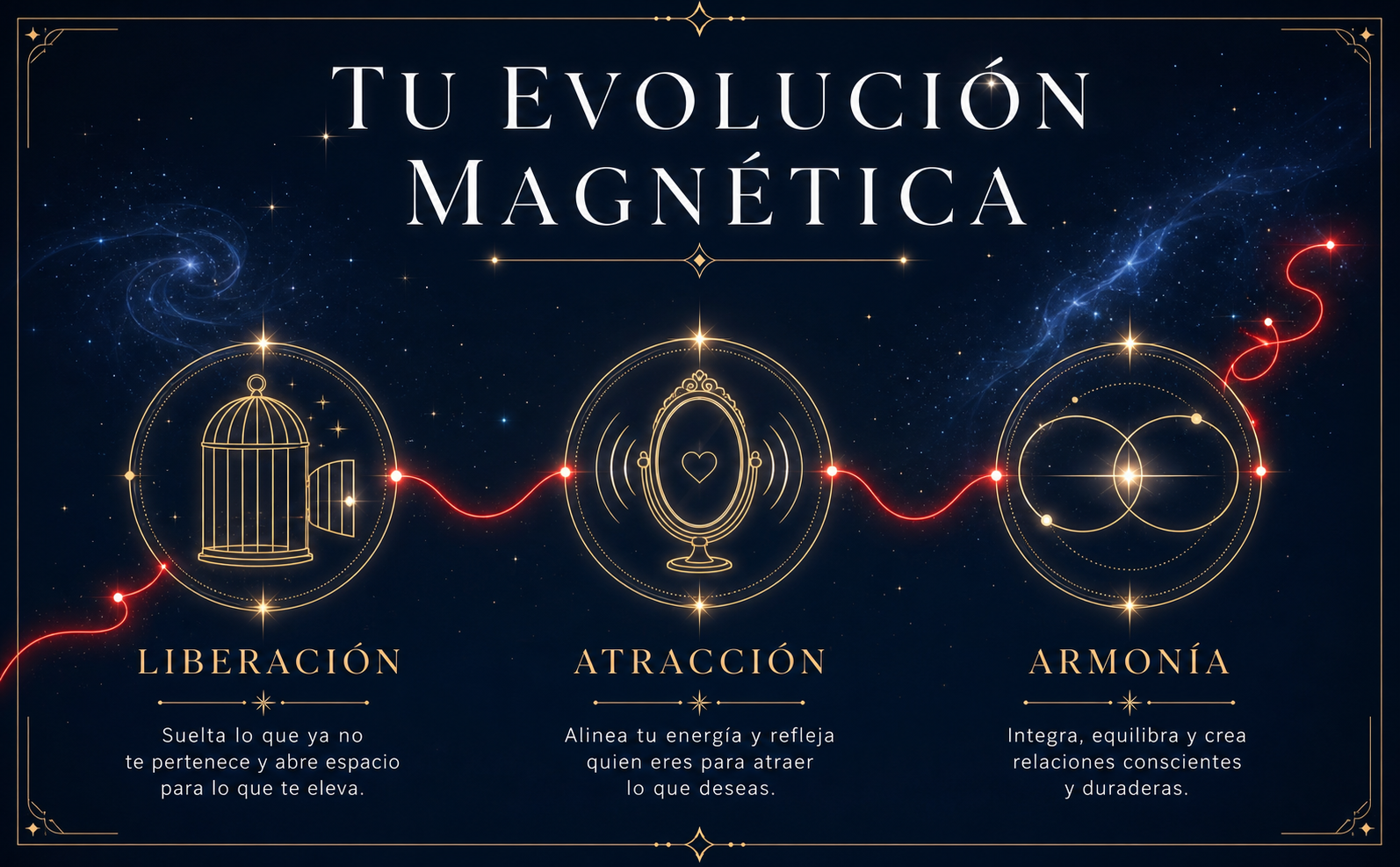 Infografía lineal y minimalista sobre fondo azul cobalto oscuro (#162238). Un camino ascendente trazado por un hilo rojo carmesí brillante (#FF0000) que conecta tres iconos con trazo fino dorado champán (#E5C38E): 1. Una jaula abierta (etiqueta: "Liberación"), 2. Un espejo emitiendo ondas (etiqueta: "Atracción"), 3. Dos órbitas alineadas (etiqueta: "Armonía"). Atmósfera mística con viñeteado oscuro y sutiles reflejos estelares. Título en fuente serif elegante blanca (#FFFFFF): "Tu Evolución Magnética".