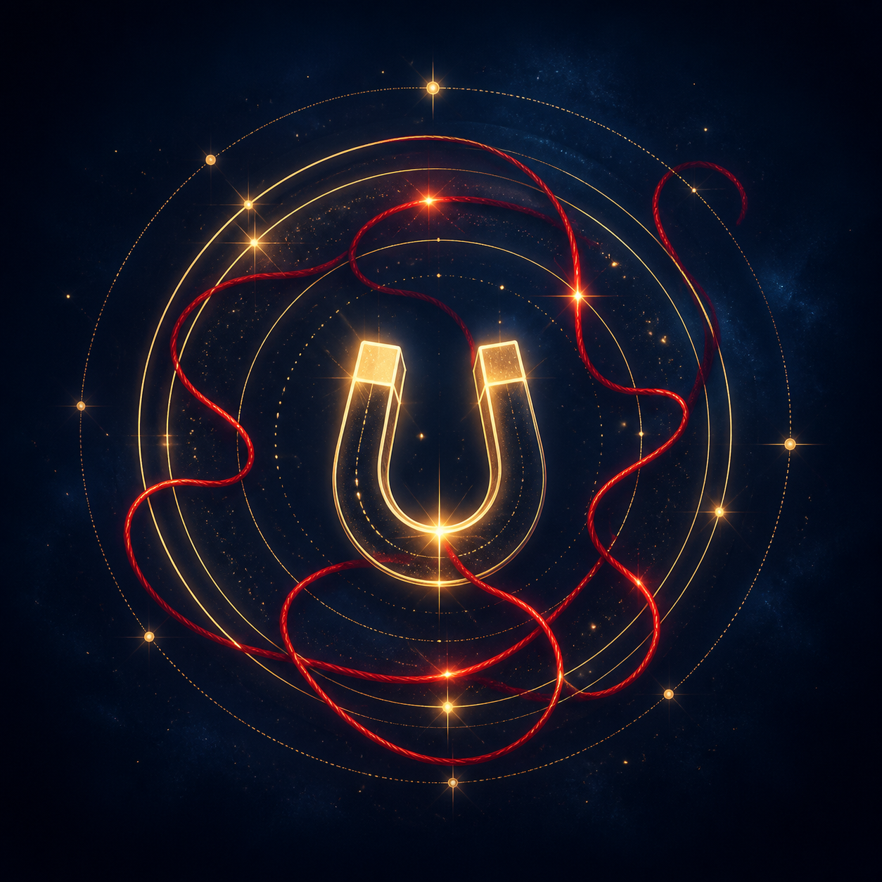 Icono minimalista de un imán sutil rodeado de ondas concéntricas doradas (#E5C38E) sobre fondo azul noche (#0B1428). Destellos mágicos y un hilo rojo entrelazado.