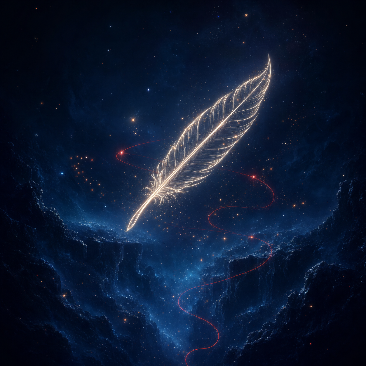 Icono de una pluma flotando suavemente, dibujada con trazo fino blanco (#FFFFFF) y rodeada de partículas de luz, flotando sobre un abismo cósmico azul oscuro.