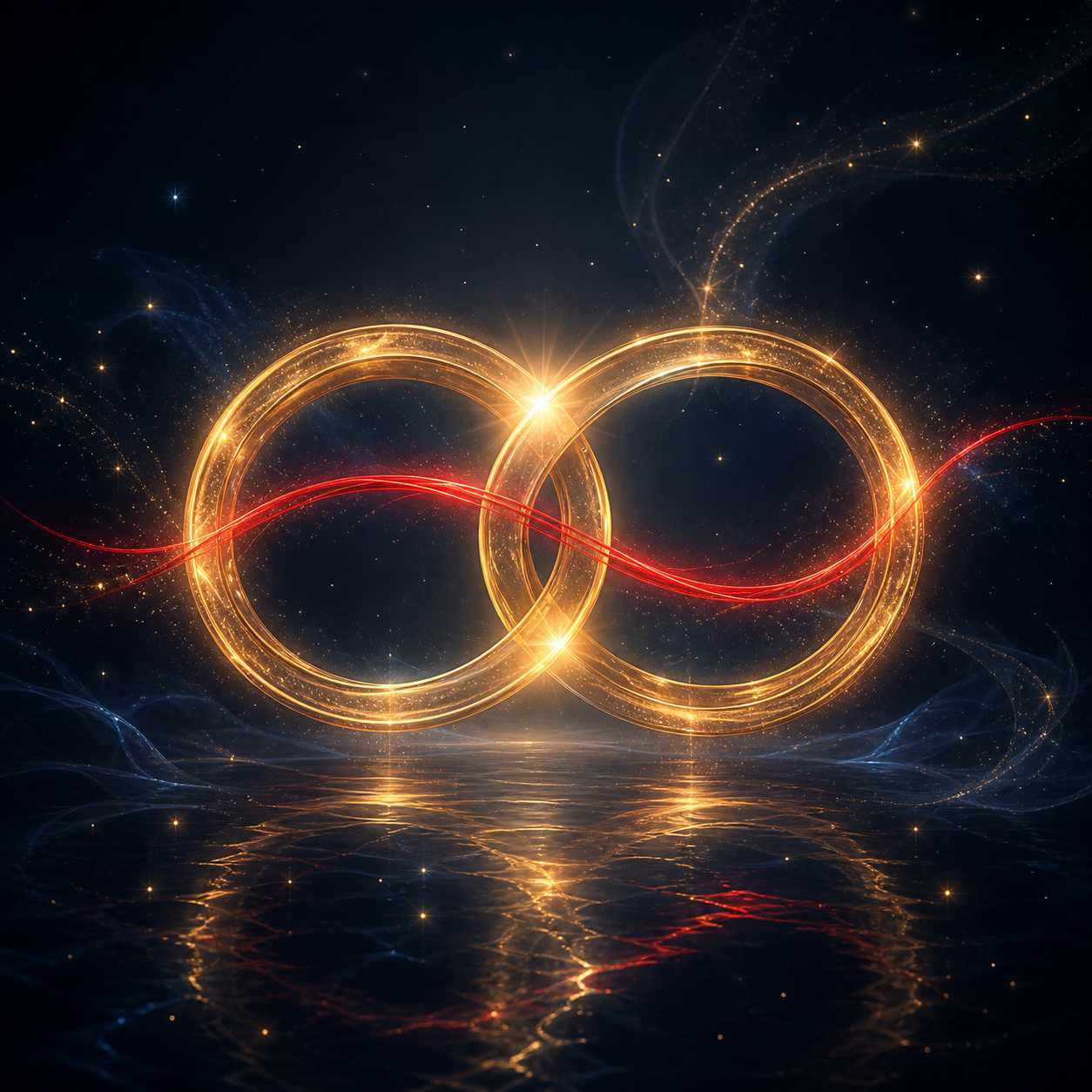 Icono de dos anillos de luz dorada entrelazados como el infinito, atravesados por una línea roja brillante (#FF0000), flotando en un espacio etéreo y sereno.