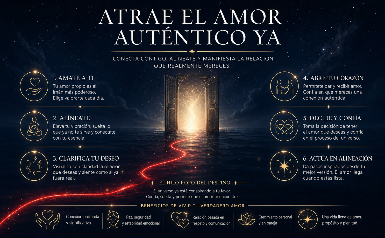 Escena aspiracional y trascendental. Una puerta abierta en medio de un paisaje nocturno acuático, de la cual emana una luz blanca y dorada (#E5C38E) muy suave. Un hilo rojo (#FF0000) brillante guía el camino sobre el agua hacia la entrada. Fondo en azul noche profundo (#0B1428). Título central en tipografía serif elegante blanca (#FFFFFF) con espaciado amplio: "Atrae el Amor Auténtico Ya". Atmósfera de esperanza mágica, serenidad y conexión espiritual profunda.