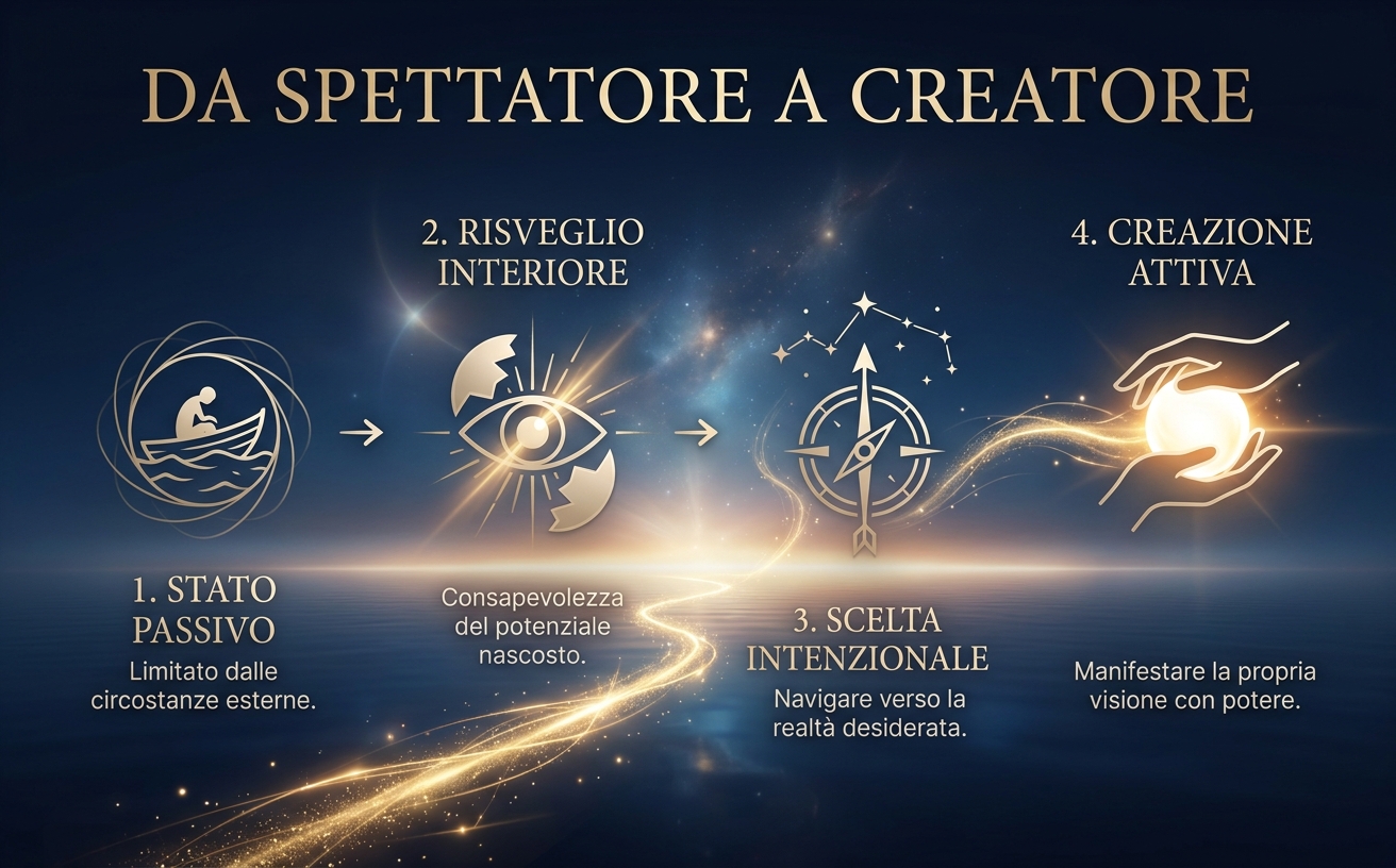Visual Style: Premium Metaphysical & Cinematic. Color Palette: Deep Navy (#051224), Midnight Blue (#0B1A3D), Champagne Gold (#E2C98A), Glowing Amber (#FFD770), Pure White Glow (#FFFFFF). Lighting: High contrast, dramatic backlighting, ethereal horizon glow (chiaroscuro). Background: Expansive horizons, calm water reflective surface. Elemento centrale: silhouette di una figura umana forte e solitaria di fronte a un orizzonte luminoso, che simboleggia il potere personale ritrovato. Typography Style: Elegant Serif (like Cinzel or Playfair Display), uppercase, high kerning. Testo sull'immagine in oro champagne: "DA SPETTATORE A CREATORE". Atmosphere: Empowering, serene, epic, transformative. Avoid: Cartoonish elements, neon colors, cluttered backgrounds, casual sans-serif, aggressive textures.