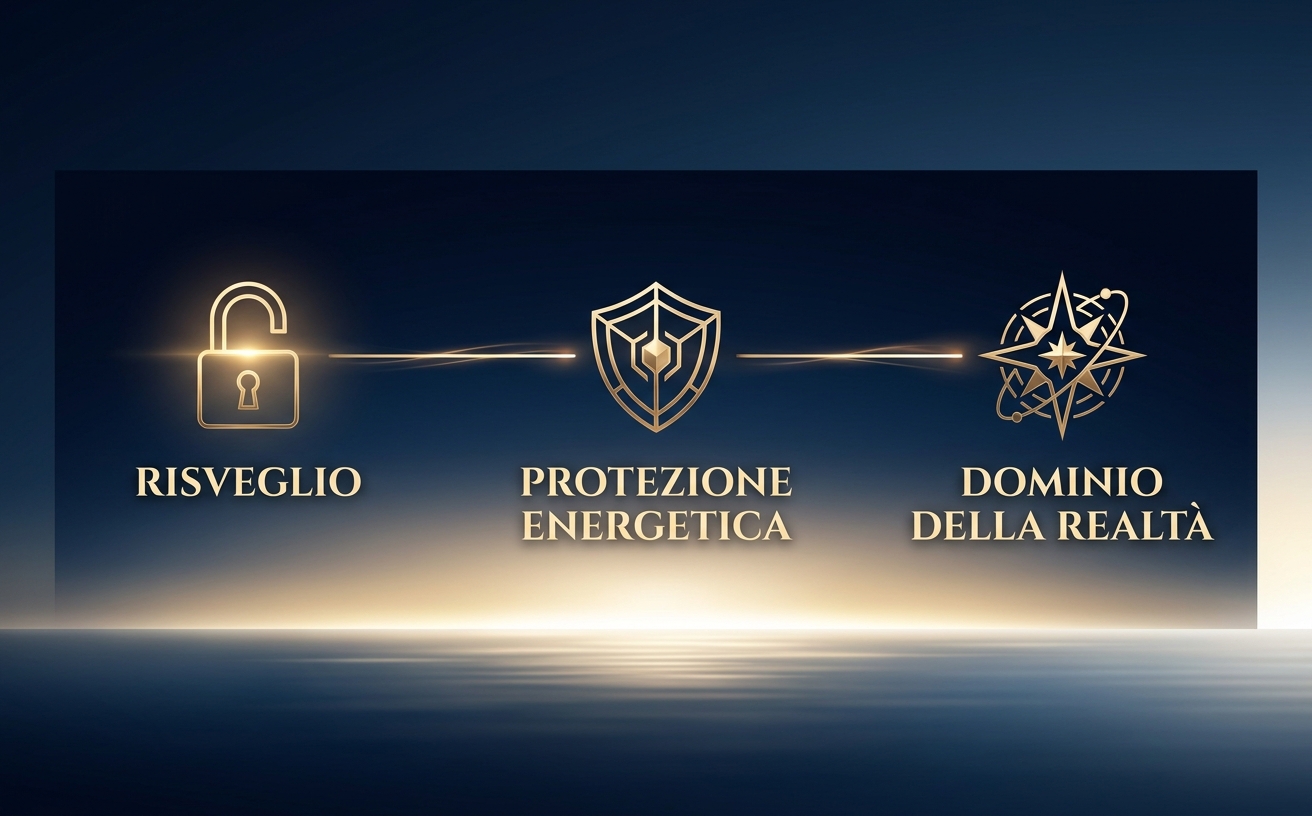 Visual Style: Premium Metaphysical & Cinematic. Color Palette: Deep Navy (#051224), Midnight Blue (#0B1A3D), Champagne Gold (#E2C98A), Glowing Amber (#FFD770), Pure White Glow (#FFFFFF). Lighting: High contrast, dramatic backlighting, ethereal horizon glow (chiaroscuro). Background: Expansive horizons. Infografica orizzontale su sfondo blu notte con un sottile gradiente verso un orizzonte luminoso. Tre step collegati da una sottile linea dorata luminosa. Icons: Minimalist geometric gold lines, thin strokes, metallic finish. Step 1: Icona di un lucchetto aperto (Testo: "RISVEGLIO"). Step 2: Icona di uno scudo geometrico (Testo: "PROTEZIONE ENERGETICA"). Step 3: Icona di una bussola stellare (Testo: "DOMINIO DELLA REALTÀ"). Typography Style: Elegant Serif, uppercase, high kerning. Atmosphere: Empowering, serene, epic. Avoid: Cartoonish elements, casual sans-serif.