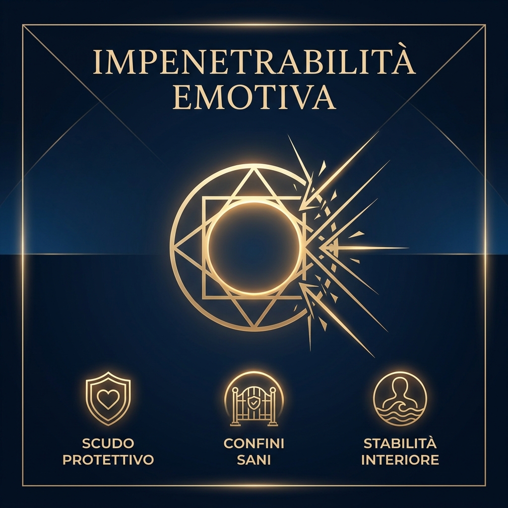 Visual Style: Premium Metaphysical. Sfondo blu notte (#051224). Icona centrale geometrica in oro metallico (#E2C98A) raffigurante un cerchio sacro intatto che respinge linee esterne, a simboleggiare l'impenetrabilità emotiva. Stile elegante, minimale e lineare. No cartoon.