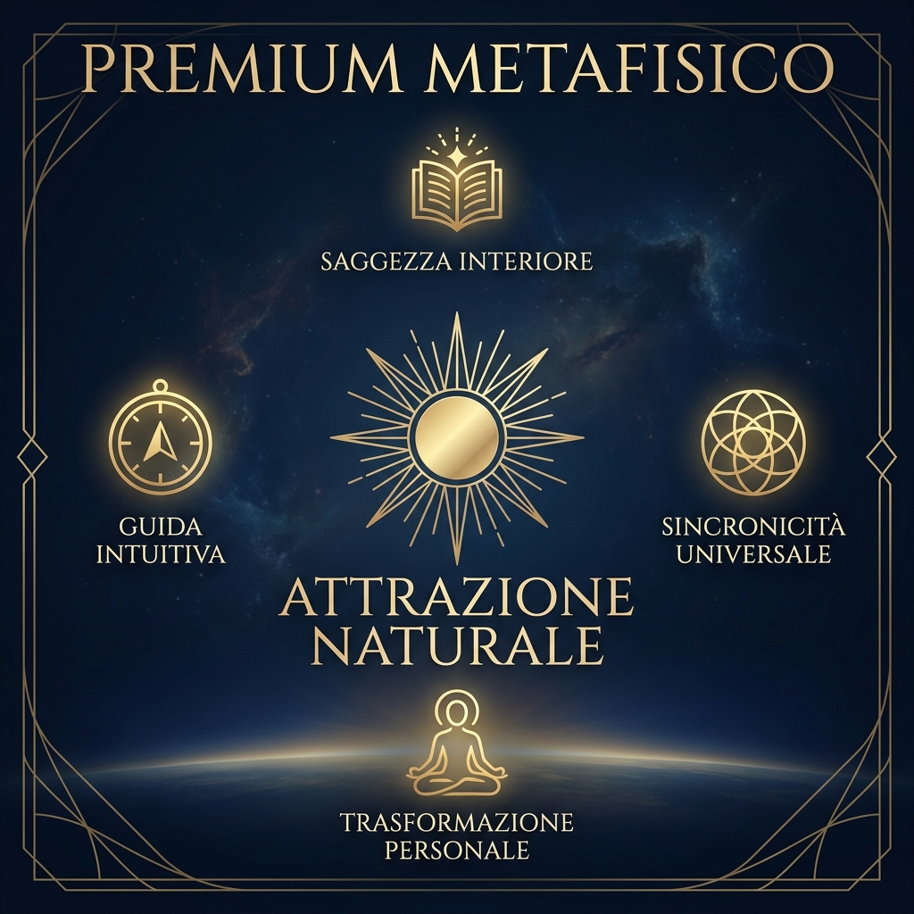 Visual Style: Premium Metaphysical. Sfondo blu scuro (#0B1A3D). Icona centrale dorata (#E2C98A) di una stella radiosa o un sole stilizzato con linee sottili che irradiano energia verso l'esterno, a simboleggiare l'attrazione naturale. Stile elegante e geometrico.