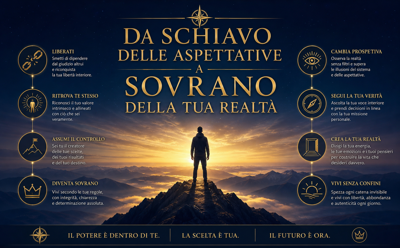Un uomo di spalle in cima a una vetta montuosa all'alba, che guarda un orizzonte vasto ed etereo. La scena trasmette un senso di libertà totale, dominio personale e risveglio interiore. Al centro, in tipografia elegante serif dorata, il testo in italiano: "Da Schiavo delle Aspettative a Sovrano della Tua Realtà". Style: Cinematic atmosphere, deep navy #05162E and gold #C5A059 color palette, elegant serif typography, minimalist gold line icons, ethereal horizon lighting, professional A+ Amazon content aesthetic.