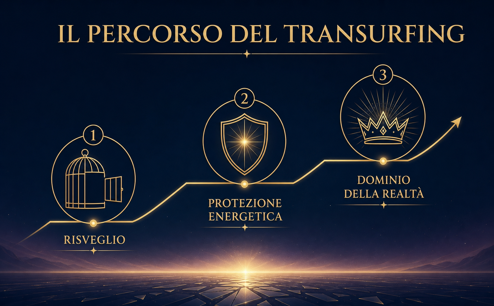 Un'infografica lineare ed elegante che mostra un percorso ascendente diviso in tre fasi. Fase 1: icona di una gabbia aperta con l'etichetta "Risveglio". Fase 2: icona di uno scudo con l'etichetta "Protezione Energetica". Fase 3: icona di una corona radiosa con l'etichetta "Dominio della Realtà". Il design è pulito, con linee sottili dorate su sfondo blu notte. Style: Cinematic atmosphere, deep navy #05162E and gold #C5A059 color palette, elegant serif typography, minimalist gold line icons, ethereal horizon lighting, professional A+ Amazon content aesthetic.
