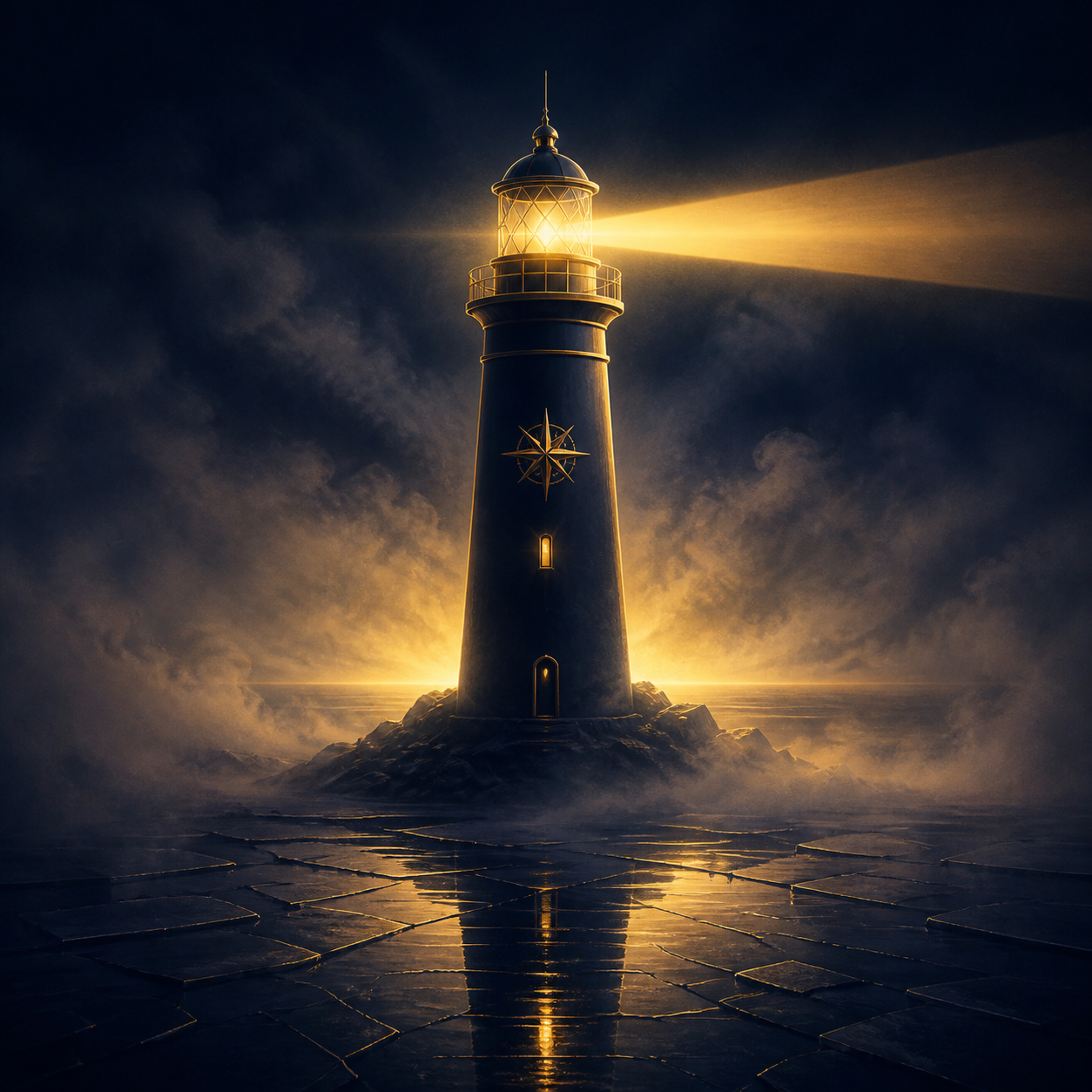 Un'icona minimalista dorata di un faro luminoso che fende la nebbia oscura, a simboleggiare chiarezza e stabilità interiore. Style: Cinematic atmosphere, deep navy #05162E and gold #C5A059 color palette, elegant serif typography, minimalist gold line icons, ethereal horizon lighting, professional A+ Amazon content aesthetic.