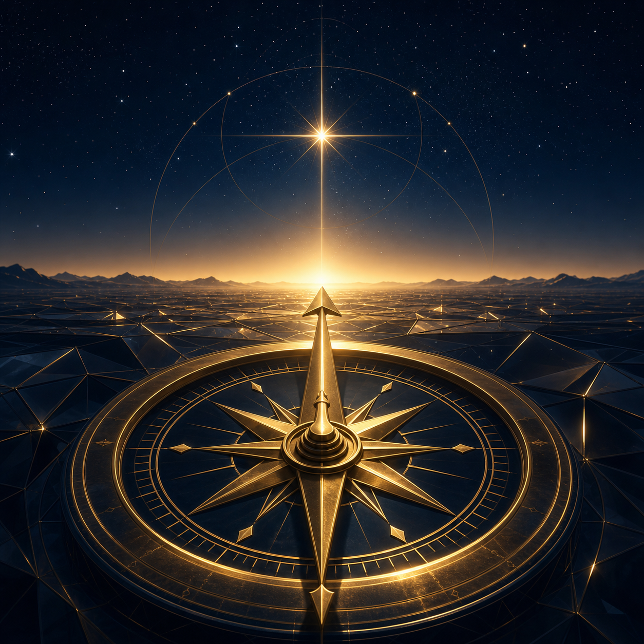 Un'icona dorata di una bussola esoterica che punta verso una stella polare brillante, indicando la direzione personale e l'autonomia totale. Style: Cinematic atmosphere, deep navy #05162E and gold #C5A059 color palette, elegant serif typography, minimalist gold line icons, ethereal horizon lighting, professional A+ Amazon content aesthetic.