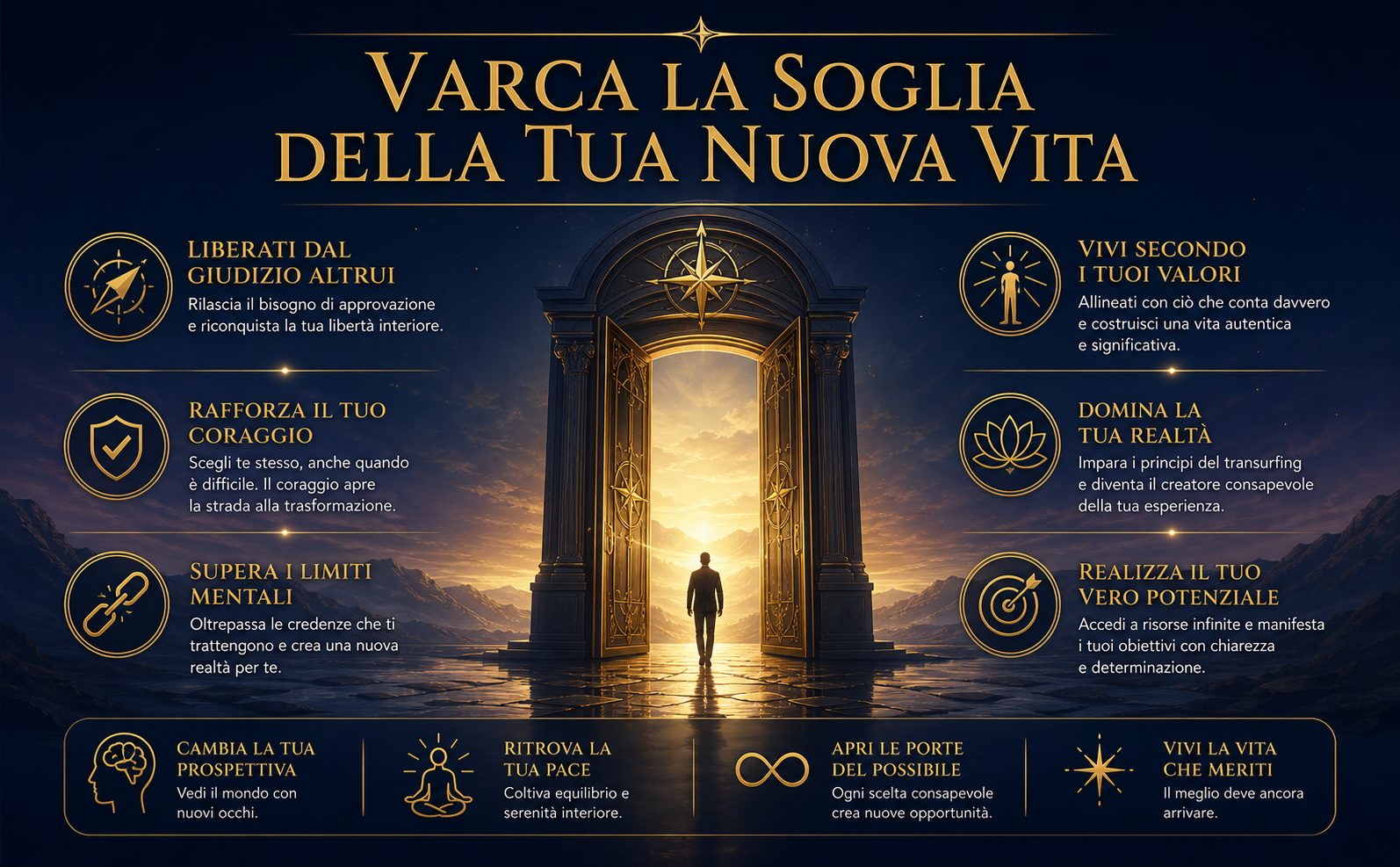 Una porta monumentale dorata, semiaperta, che rivela una luce calda e invitante oltre la soglia, in mezzo a un paesaggio crepuscolare misterioso. Sopra la porta, in tipografia elegante, il testo in italiano: "Varca la Soglia della Tua Nuova Vita". Style: Cinematic atmosphere, deep navy #05162E and gold #C5A059 color palette, elegant serif typography, minimalist gold line icons, ethereal horizon lighting, professional A+ Amazon content aesthetic.