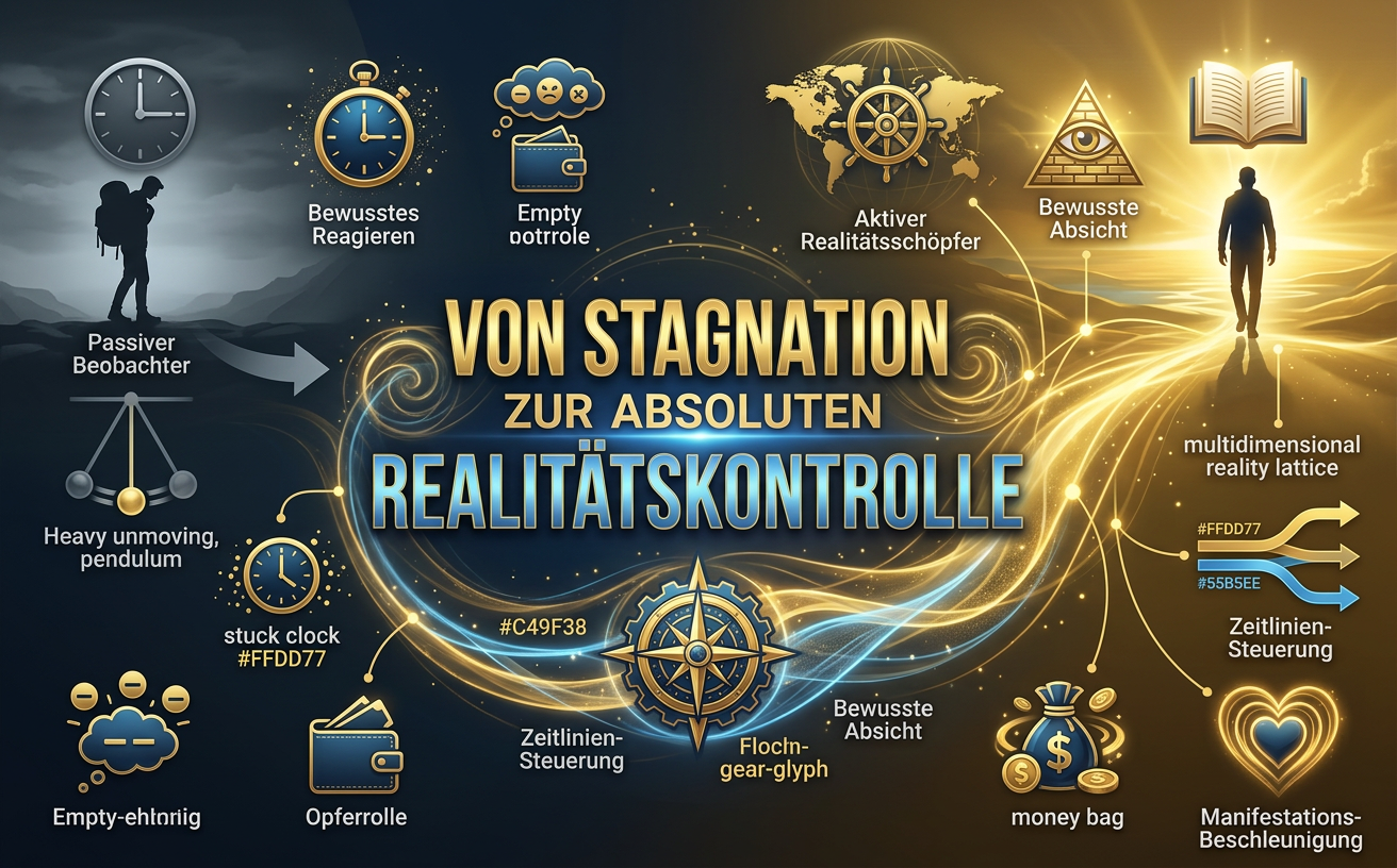 Ein hochwertiges Marketing-Bild im Querformat (970x600). Zeigt eine stilvolle, tiefgründige Transformation: Ein Mensch, der von einer grauen, stürmischen und chaotischen Umgebung (linke Seite) zielsicher in eine leuchtende, harmonische und goldene Zukunftslandschaft (rechte Seite) tritt. In der Mitte des Bildes steht der fette, leuchtende Text auf Deutsch: "VON STAGNATION ZUR ABSOLUTEN REALITÄTSKONTROLLE". Professionelles Infografik-Design, kraftvolle Farben, High-End-Lifestyle-Ästhetik für maximalen Erfolg.