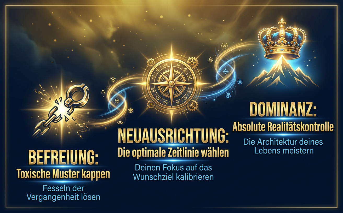 Ein Querformat-Bild (970x600) als visuelle Prozess-Infografik. Modernes, klares Design auf einem dunklen Premium-Hintergrund mit leuchtenden Gold-, Neon- und Blautönen. Eine aufsteigende dynamische Roadmap mit 3 klaren Stationen. Station 1 (Icon: gebrochene Kette): "BEFREIUNG: Toxische Muster kappen". Station 2 (Icon: glühender Kompass): "NEUAUSRICHTUNG: Die optimale Zeitlinie wählen". Station 3 (Icon: Leuchtende Krone oder Bergspitze): "DOMINANZ: Absolute Realitätskontrolle". Alle Texte zwingend auf Deutsch. Stilistisch hochwertig, weckt tiefes Verlangen und zeigt einen klaren Lösungsweg.