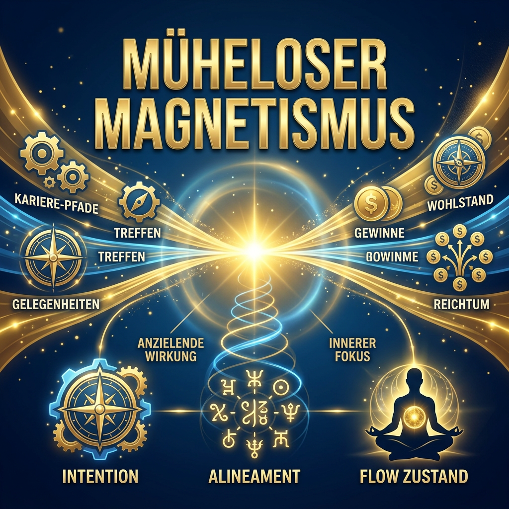 Ein quadratisches Bild (300x300), das goldene Ströme von Gelegenheiten und Wohlstand zeigt, die magnetisch auf einen zentralen, leuchtenden Punkt zulaufen. High-End-Marketing-Iconographie. Große Beschriftung im Bild auf Deutsch: "MÜHELOSER MAGNETISMUS".