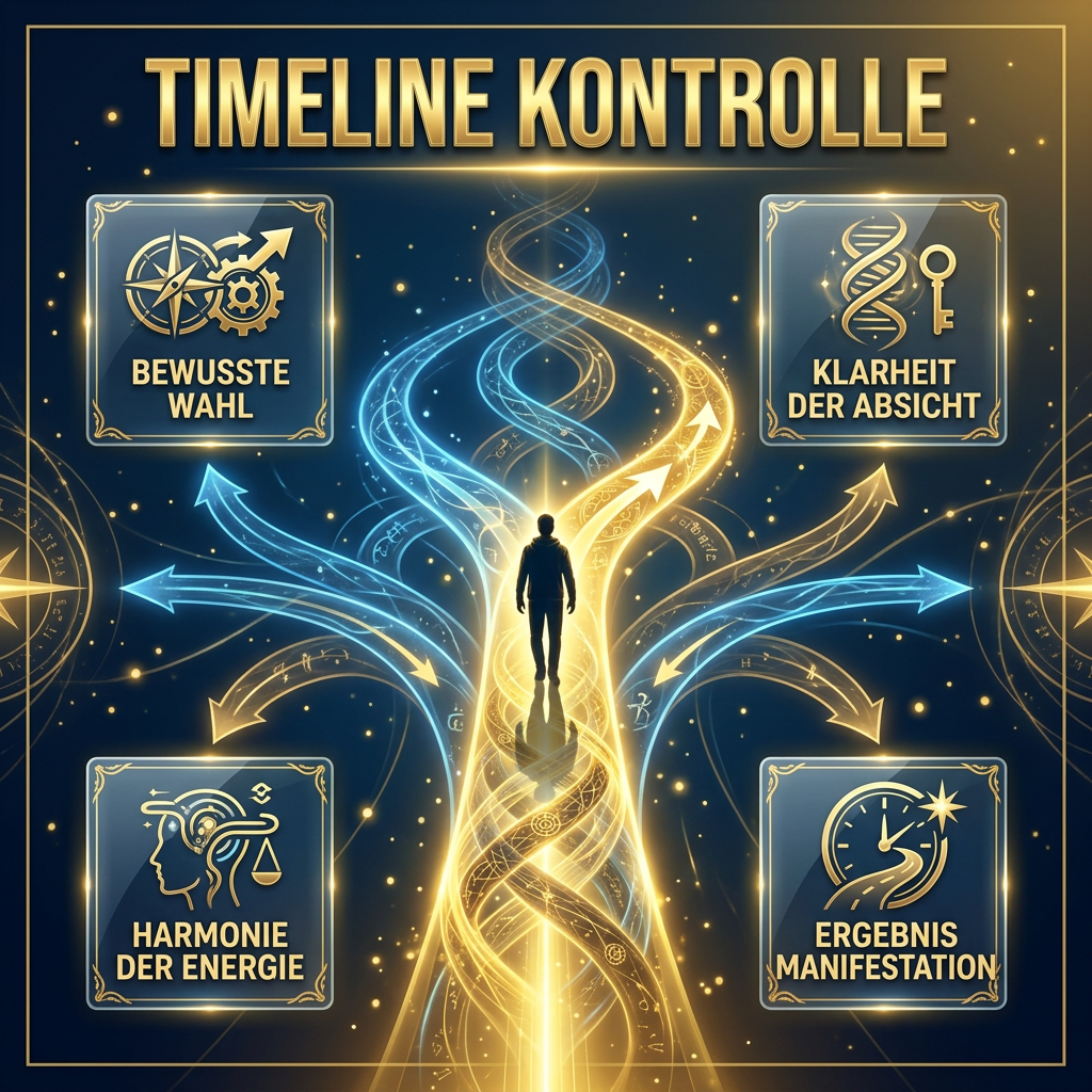 Ein quadratisches Bild (300x300). Eine elegante Weggabelung mit leuchtenden Pfadensträngen im Raum, bei der eine Person zielstrebig den goldensten Zeitstrang betritt. Futuristische, inspirierende Ästhetik. Große Beschriftung im Bild auf Deutsch: "TIMELINE KONTROLLE".