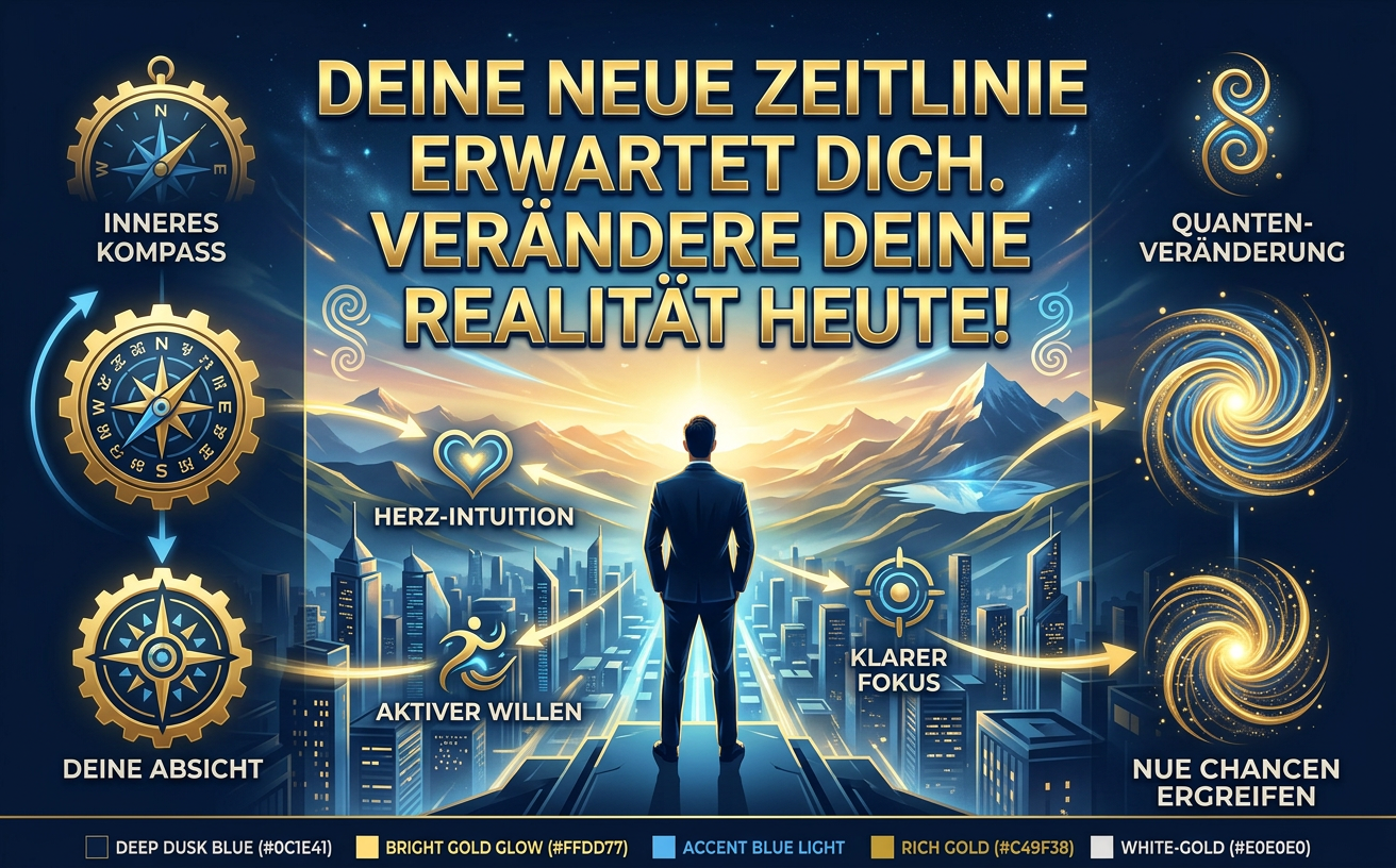 Ein episches, hochmotivierendes Querformat-Bild (970x600). Eine erfolgreiche, überaus selbstbewusste Person steht auf dem Gipfel einer hypermodernen Metropole oder einer atemberaubenden, leuchtenden Berglandschaft, blickt mit dem Rücken zum Betrachter in eine strahlende, grenzenlose Zukunft. Großer, fetter, stark dominanter Text auf Deutsch über dem Himmelspart: "DEINE NEUE ZEITLINIE ERWARTET DICH. VERÄNDERE DEINE REALITÄT HEUTE!" Hohe optische Dringlichkeit, starke emotionale Wirkung, dramatischer Kinostil.