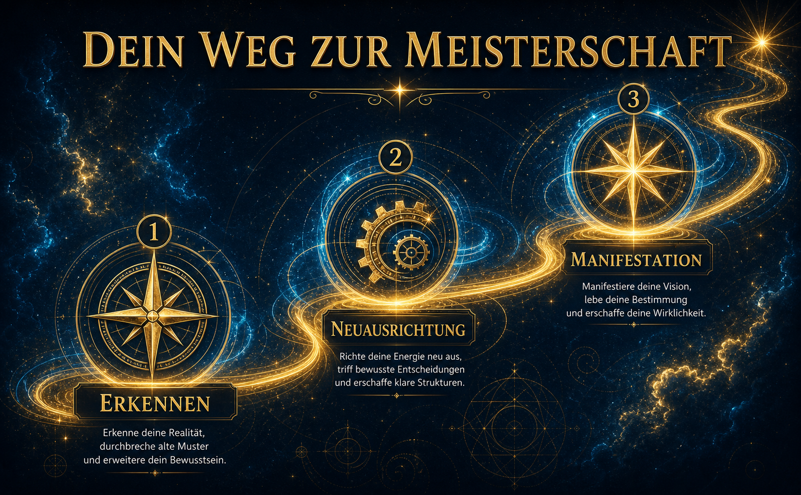 Eine hochwertige Infografik im Querformat (970x600). Farbpalette: Tiefes Nachtblau (Hintergrund), Antikgold (Linien) und elektrisches Cyan (Akzente). Die Grafik zeigt einen aufsteigenden, leuchtenden Pfad mit drei Stationen. Station 1: Ein filigranes Kompass-Icon mit dem Text "ERKENNEN". Station 2: Ein leuchtendes Zahnrad-Fragment mit dem Text "NEUAUSRICHTUNG". Station 3: Ein strahlender Stern mit dem Text "MANIFESTATION". Elegante, goldene Serifenschrift für die Hauptüberschrift: "DEIN WEG ZUR MEISTERSCHAFT". Mystische Atmosphäre mit subtilen Lichtwirbeln. Absolut kein Buchcover.