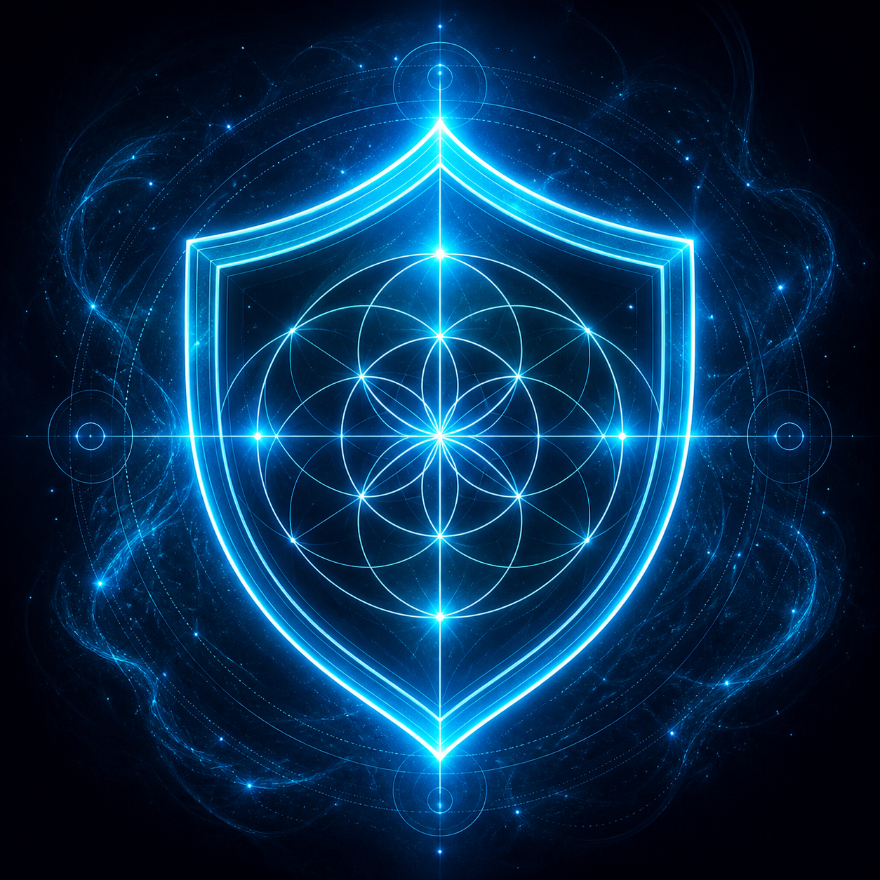 Ein minimalistisches Line-Art-Icon eines schützenden, leuchtenden Schildes aus heiliger Geometrie. Tiefes Nachtblau im Hintergrund (#0A121E), das Icon strahlt in elektrischem Cyan (#00A8E8). Sanfter 3D-Leuchteffekt, mystisch und technisch. Keine Bücher.